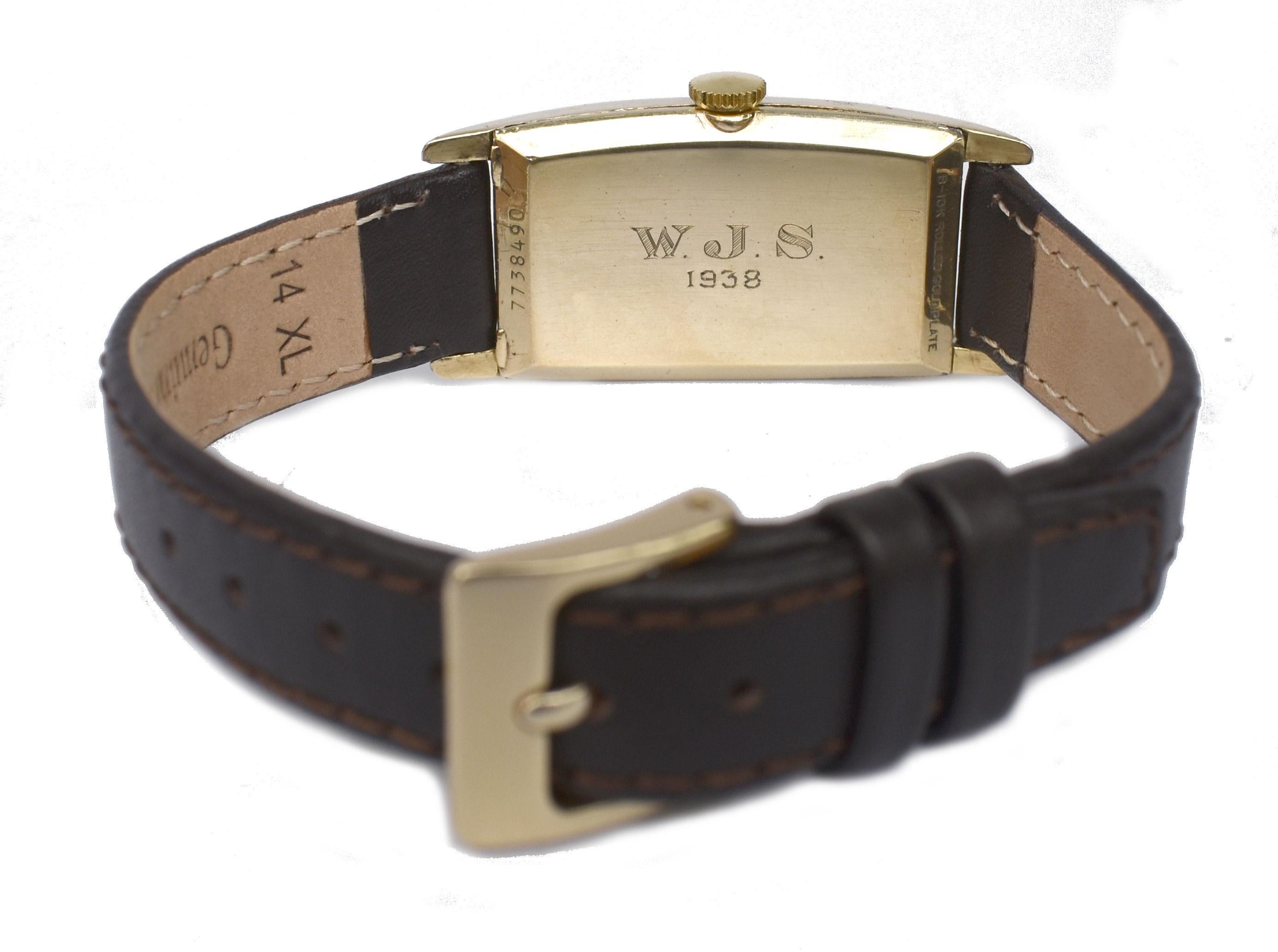 Art Deco Gents 10k R Gold Wristwatch by Bulova, 'Minute Man' c1937, Serviced 4