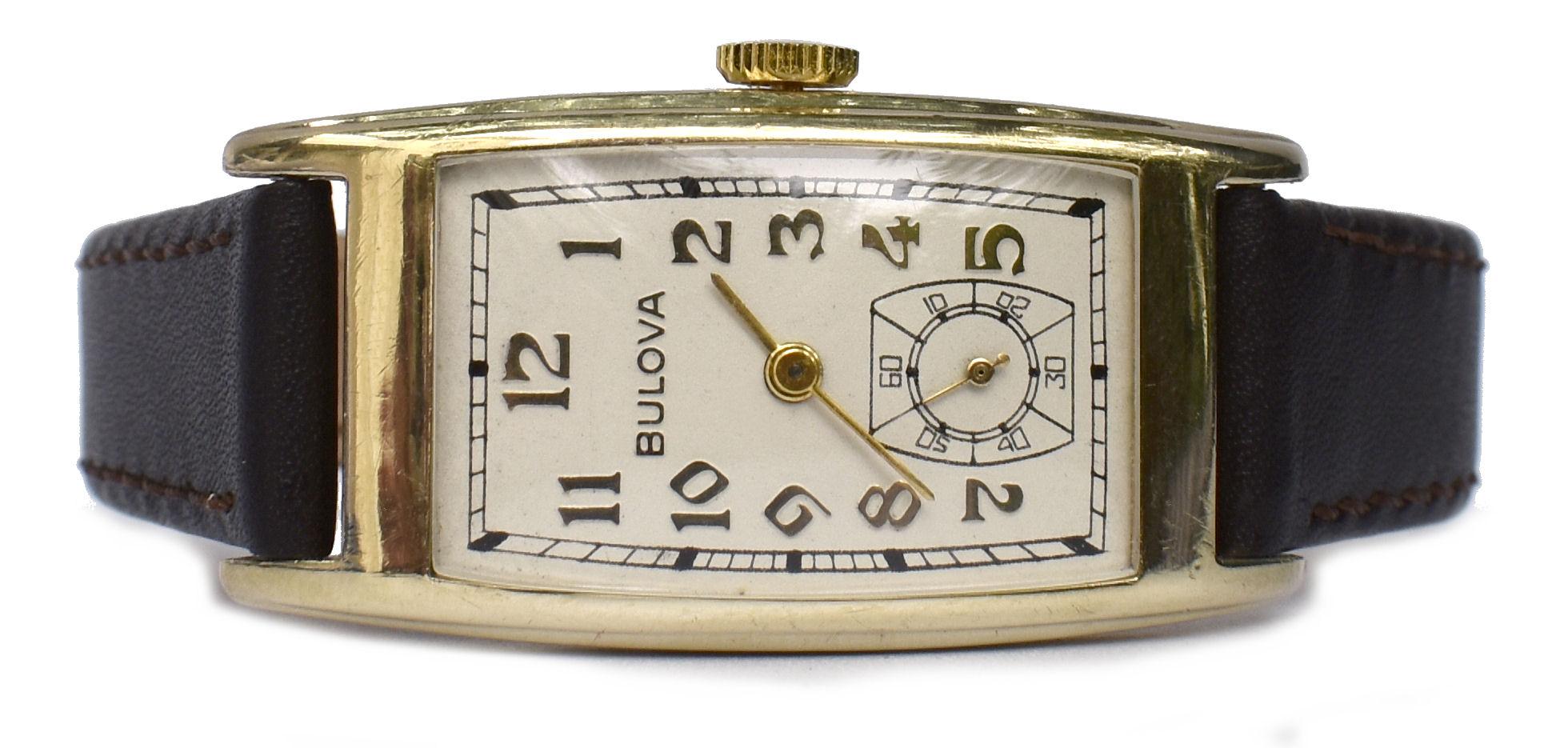 Art Deco Gents 10k R Gold Wristwatch by Bulova, 'Minute Man' c1937, Serviced 6