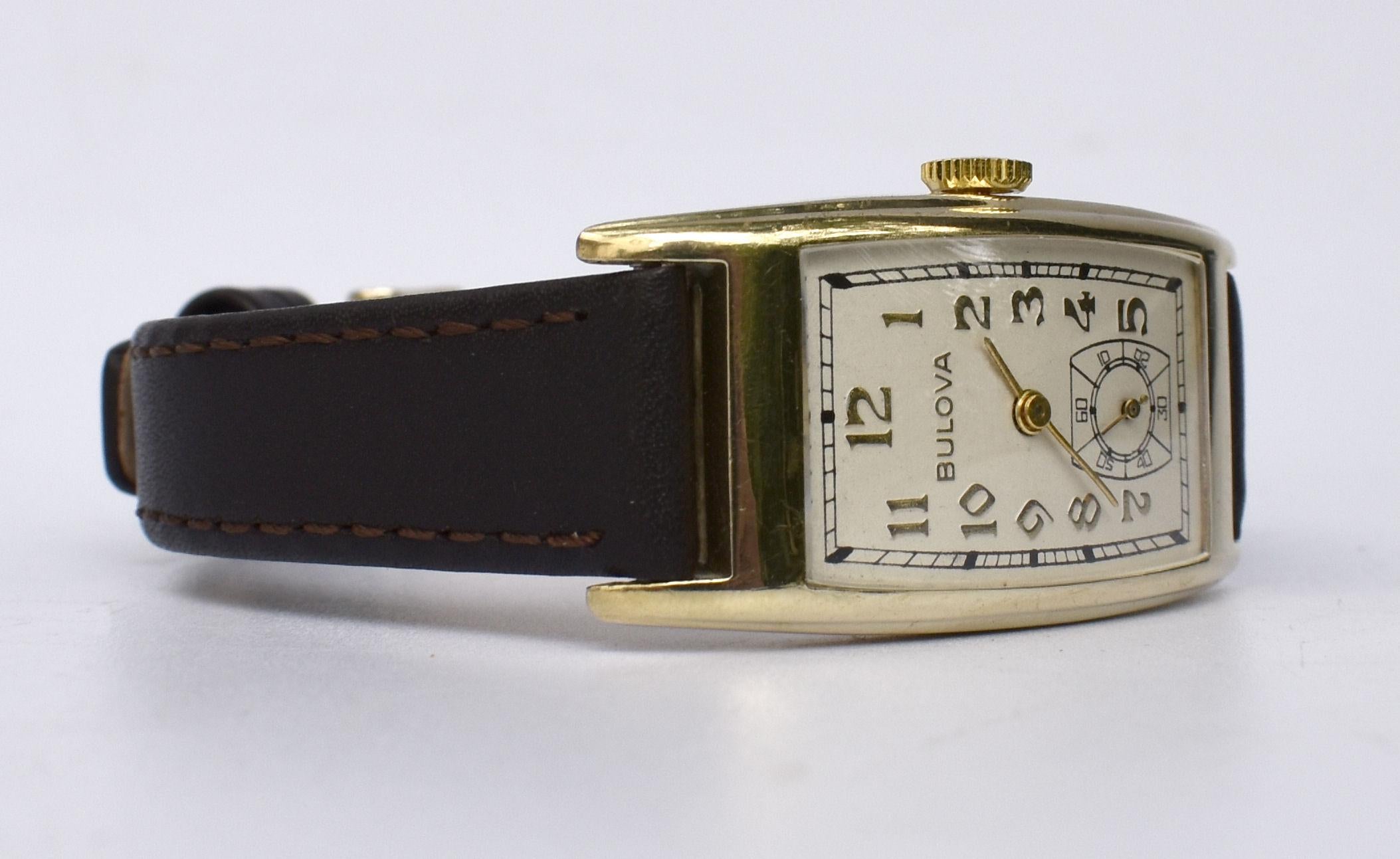 Art Deco Gents 10k R Gold Wristwatch by Bulova, 'Minute Man' c1937, Serviced 7