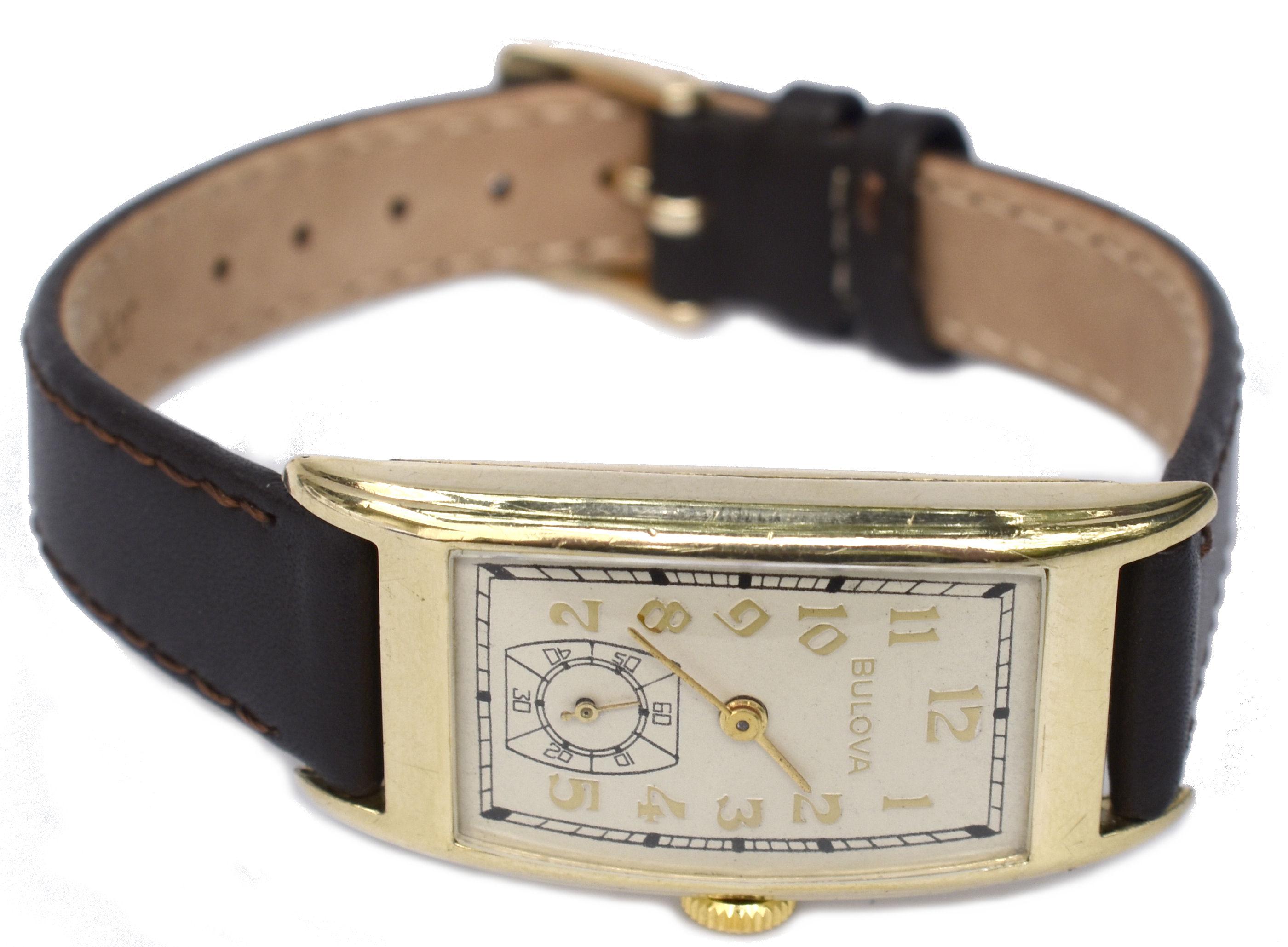 Art Deco Gents 10k R Gold Wristwatch by Bulova, 'Minute Man' c1937, Serviced 8