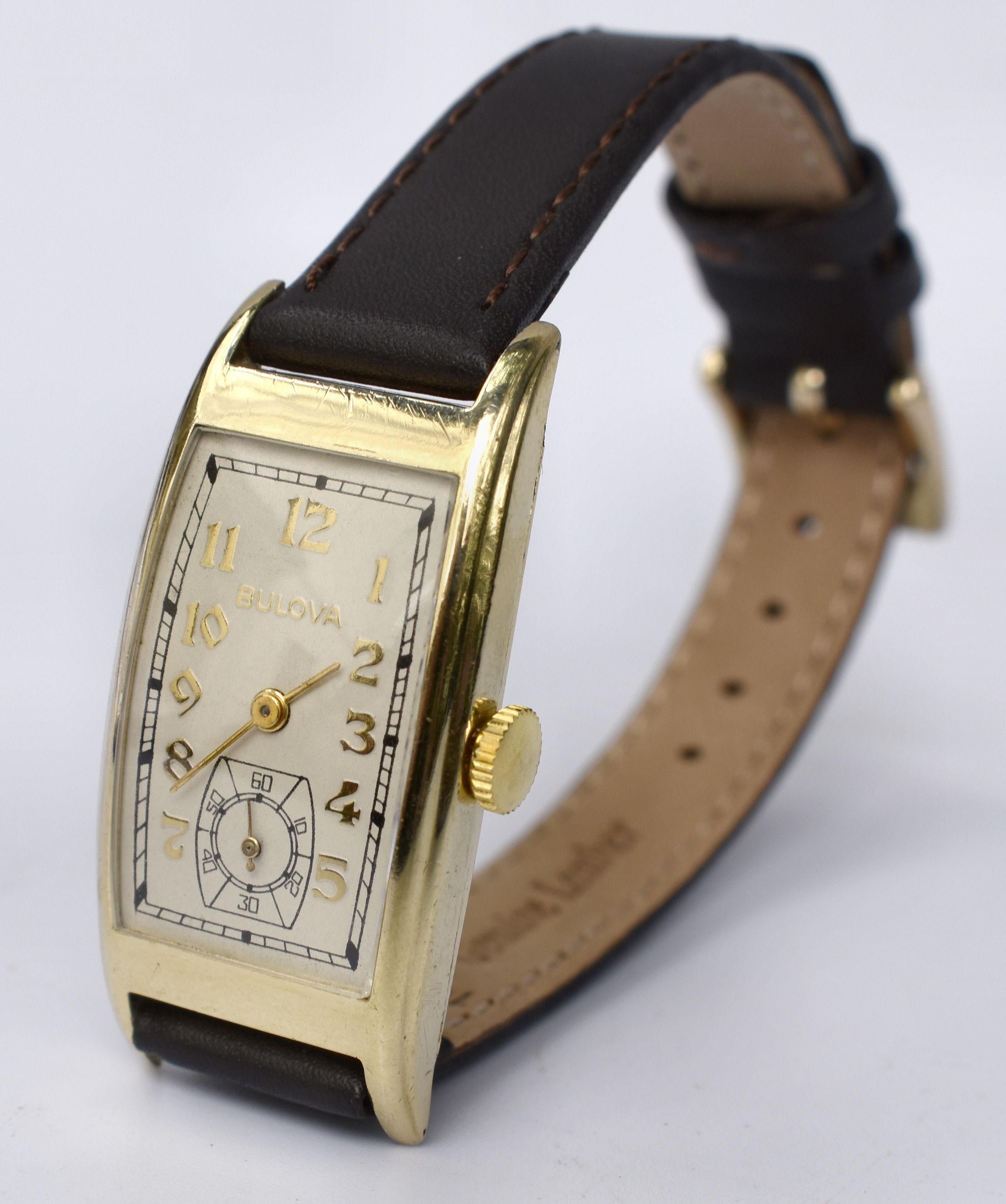 Art Deco Gents 10k R Gold Wristwatch by Bulova, 'Minute Man' c1937, Serviced 9