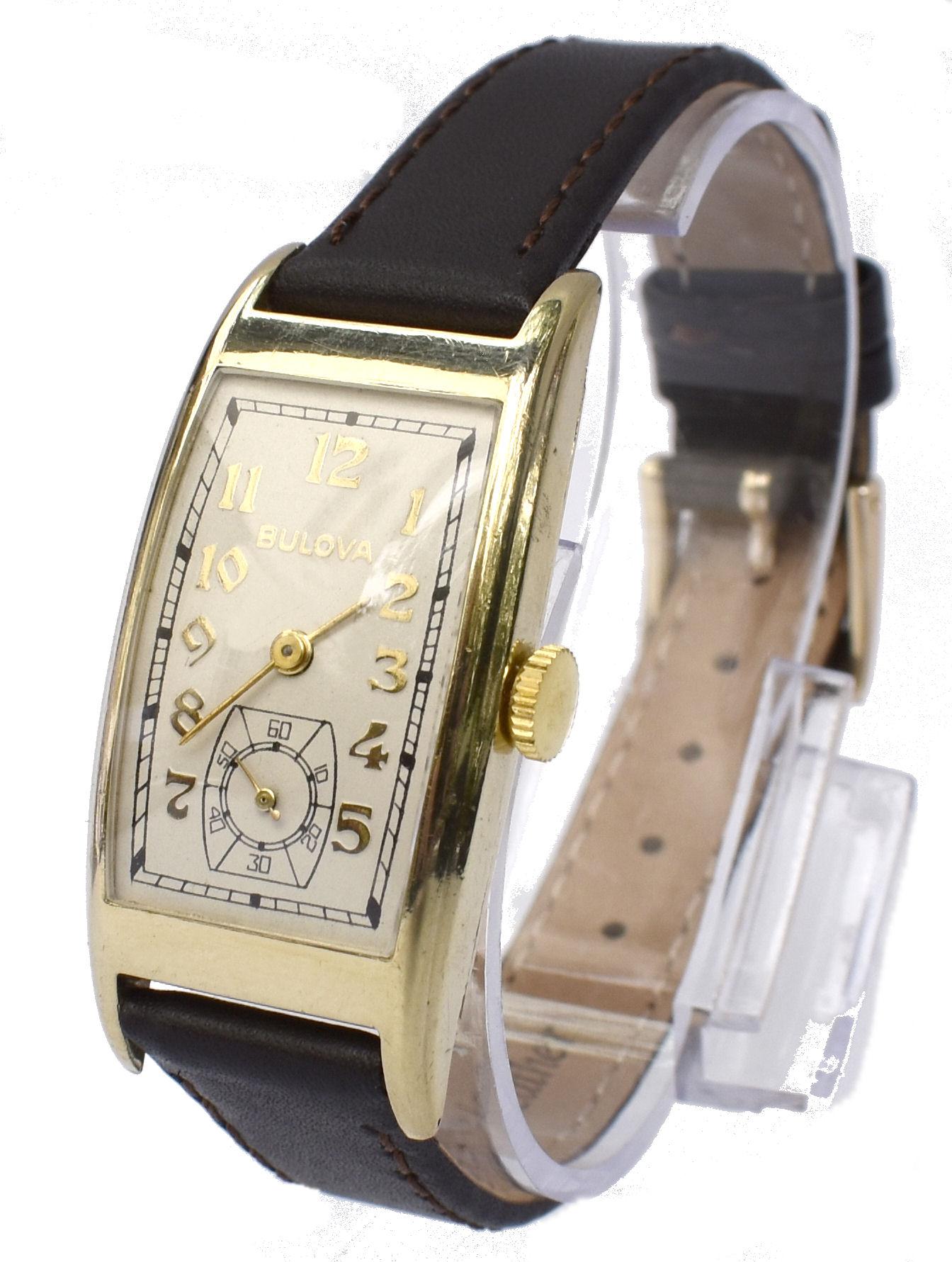 Art-déco-Herrenarmbanduhr aus 10 Karat Roségold von Bulova, 'Minute Man' um 1937, gewartet im Zustand „Gut“ in Westward ho, GB