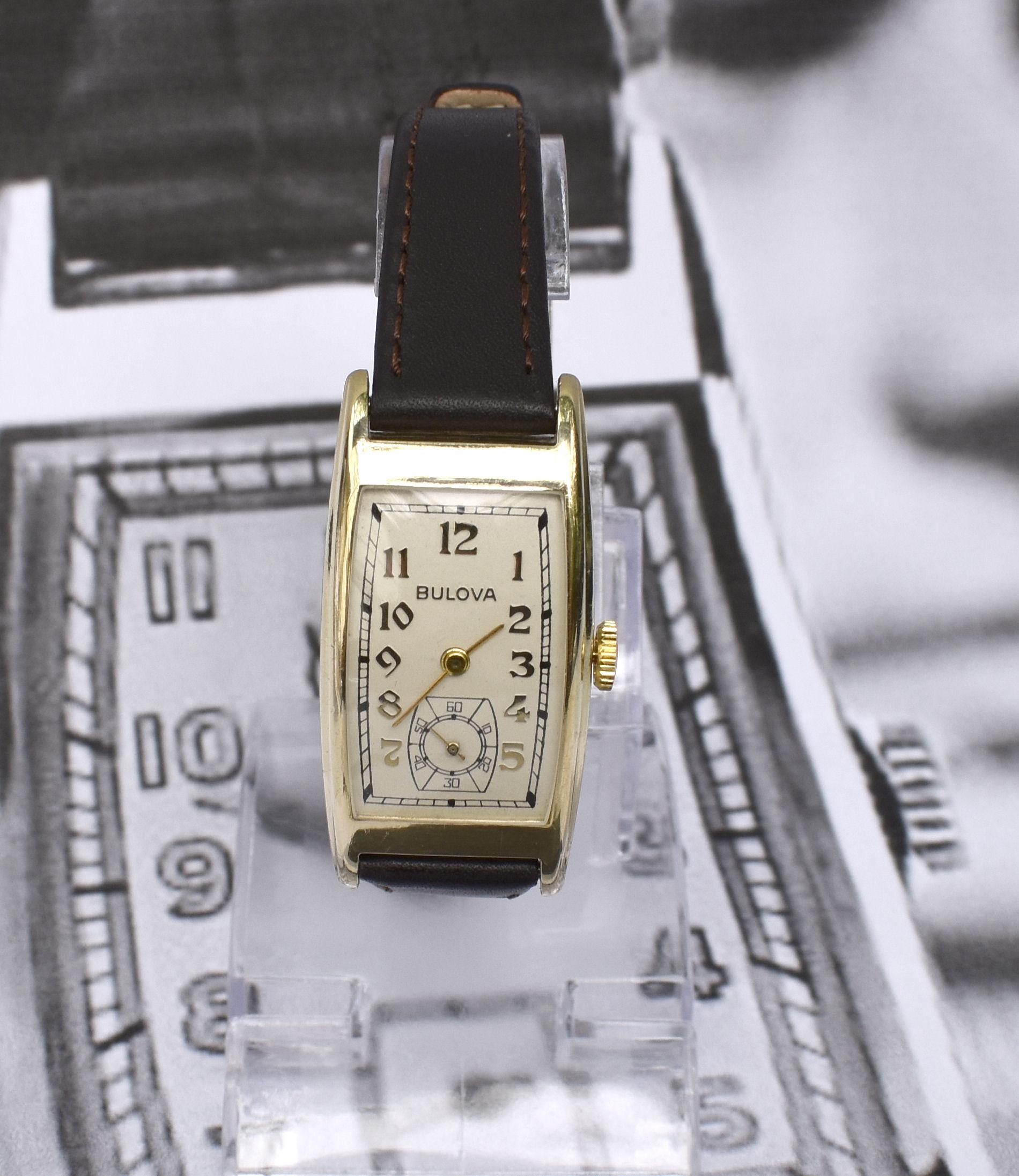 Art Deco Gents 10k R Gold Wristwatch by Bulova, 'Minute Man' c1937, Serviced In Good Condition In Westward ho, GB