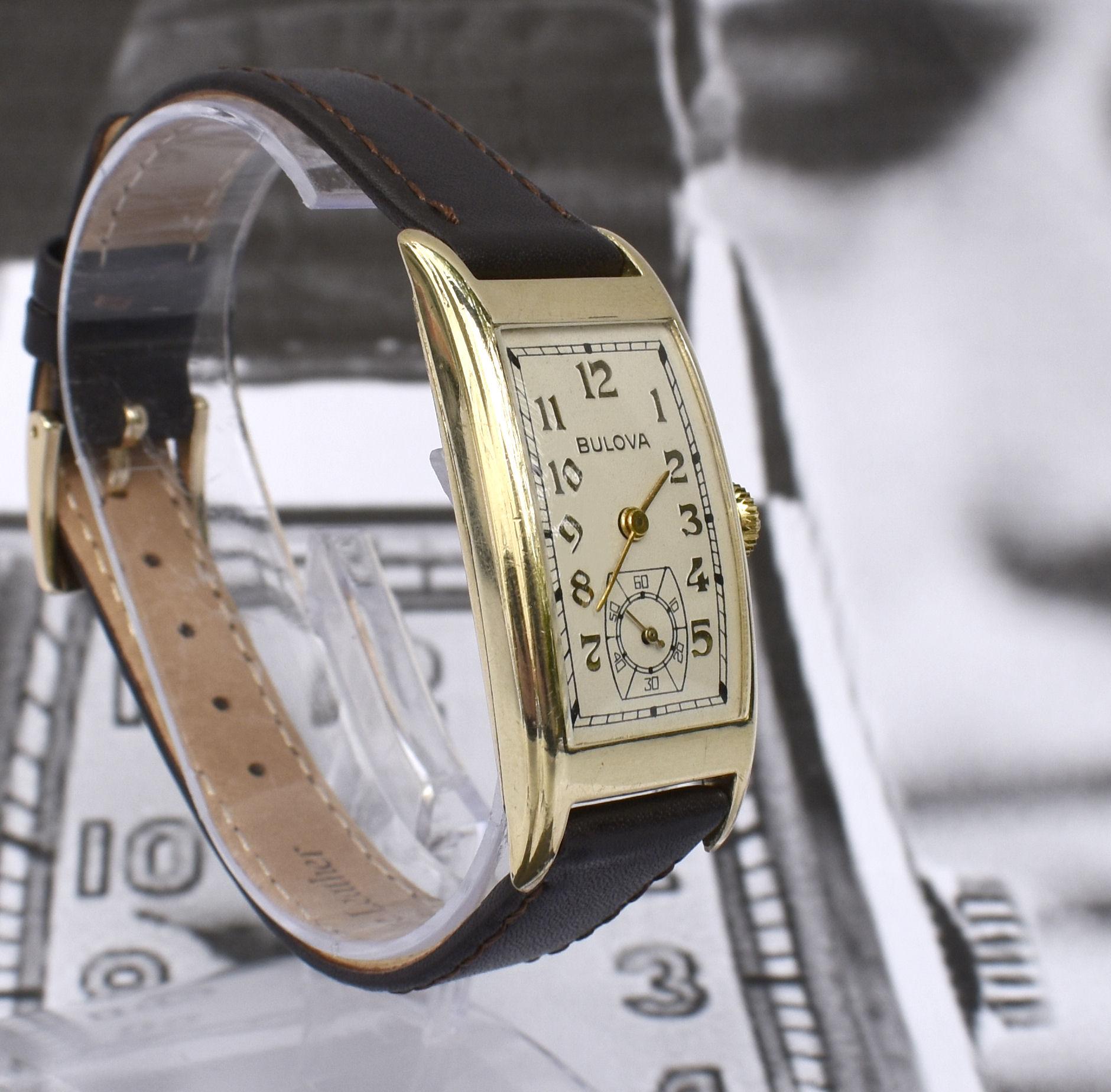 Art Deco Gents 10k R Gold Wristwatch by Bulova, 'Minute Man' c1937, Serviced 1