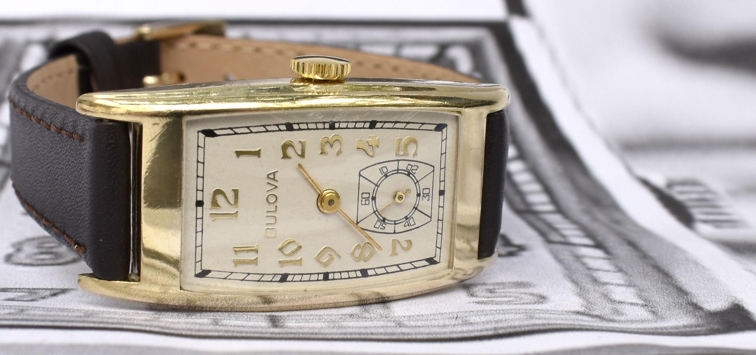 Art Deco Gents 10k R Gold Wristwatch by Bulova, 'Minute Man' c1937, Serviced 2
