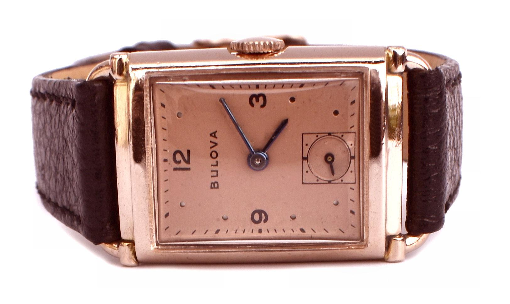 Art Deco Gents 14k Rose Gold Watch, Manual, Newly Serviced by Bulova, c1948 In Excellent Condition In Westward ho, GB