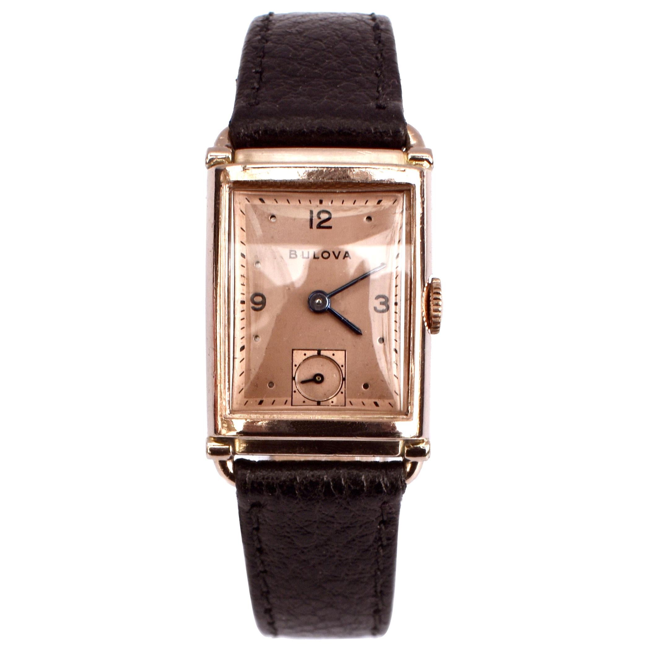 Art Deco Gents 14k Rose Gold Watch, Manual, Newly Serviced by Bulova, c1948