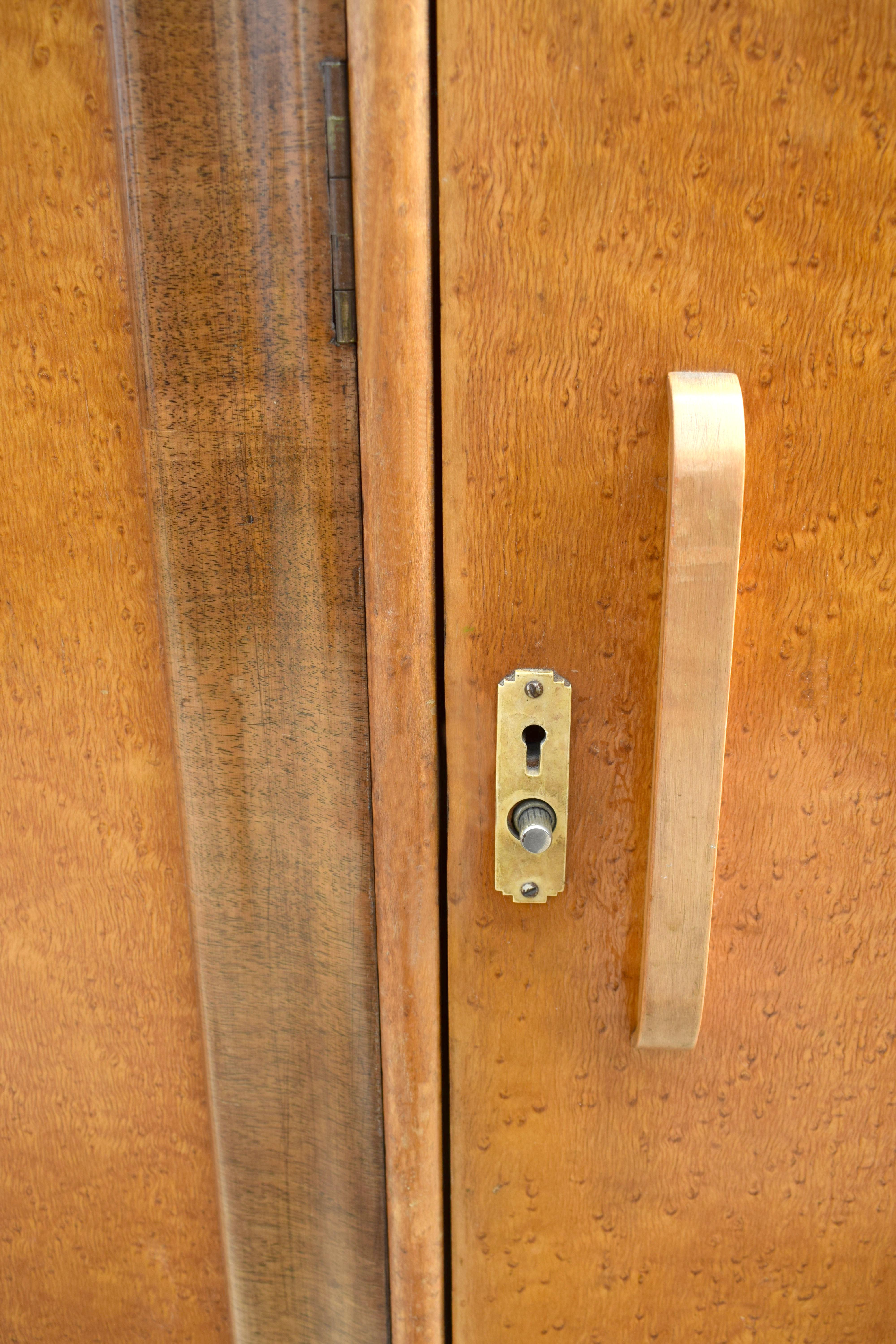 English Art Deco Gents Blonde Two-Door Maple Wardrobe, circa 1930