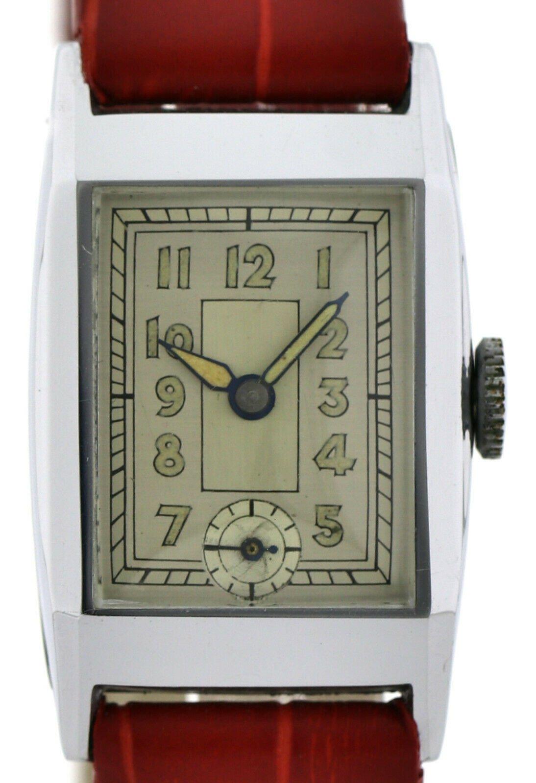 Art Deco Gents Chrome Wristwatch Old Stock, Never Worn, Newly Serviced, 1930 In Excellent Condition In Westward ho, GB
