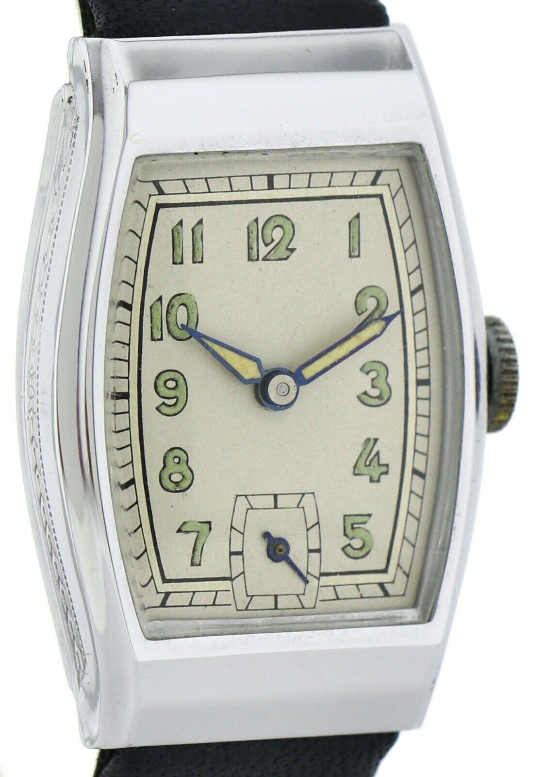 Art Deco Herren Chrom-Armbanduhr Old Stock, nie getragen, neu gewartet, 1930 (Art déco) im Angebot
