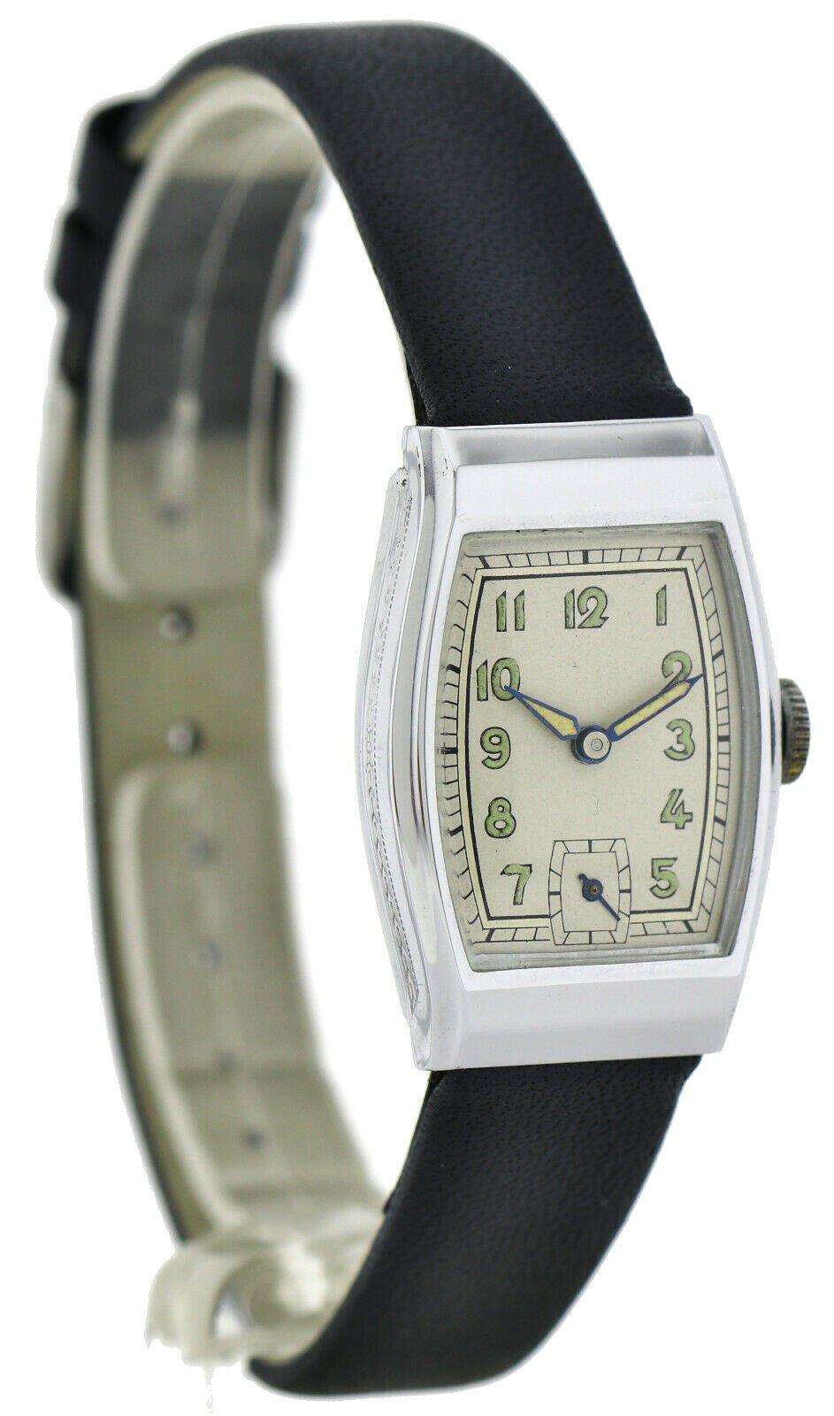 Men's Art Deco Gents Chrome Wristwatch Old Stock, Never Worn, Newly Serviced, 1930 For Sale