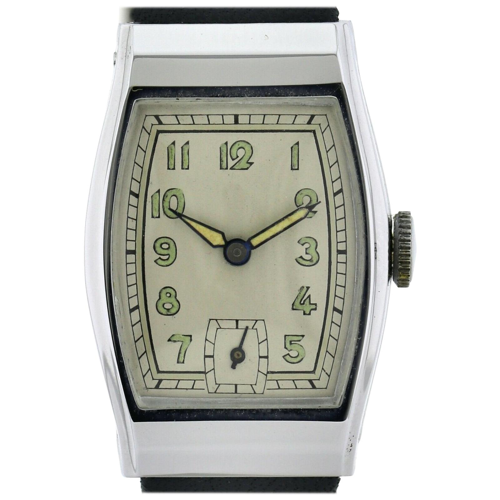 Art Deco Gents Chrome Wristwatch Old Stock, Never Worn, Newly Serviced, 1930 For Sale