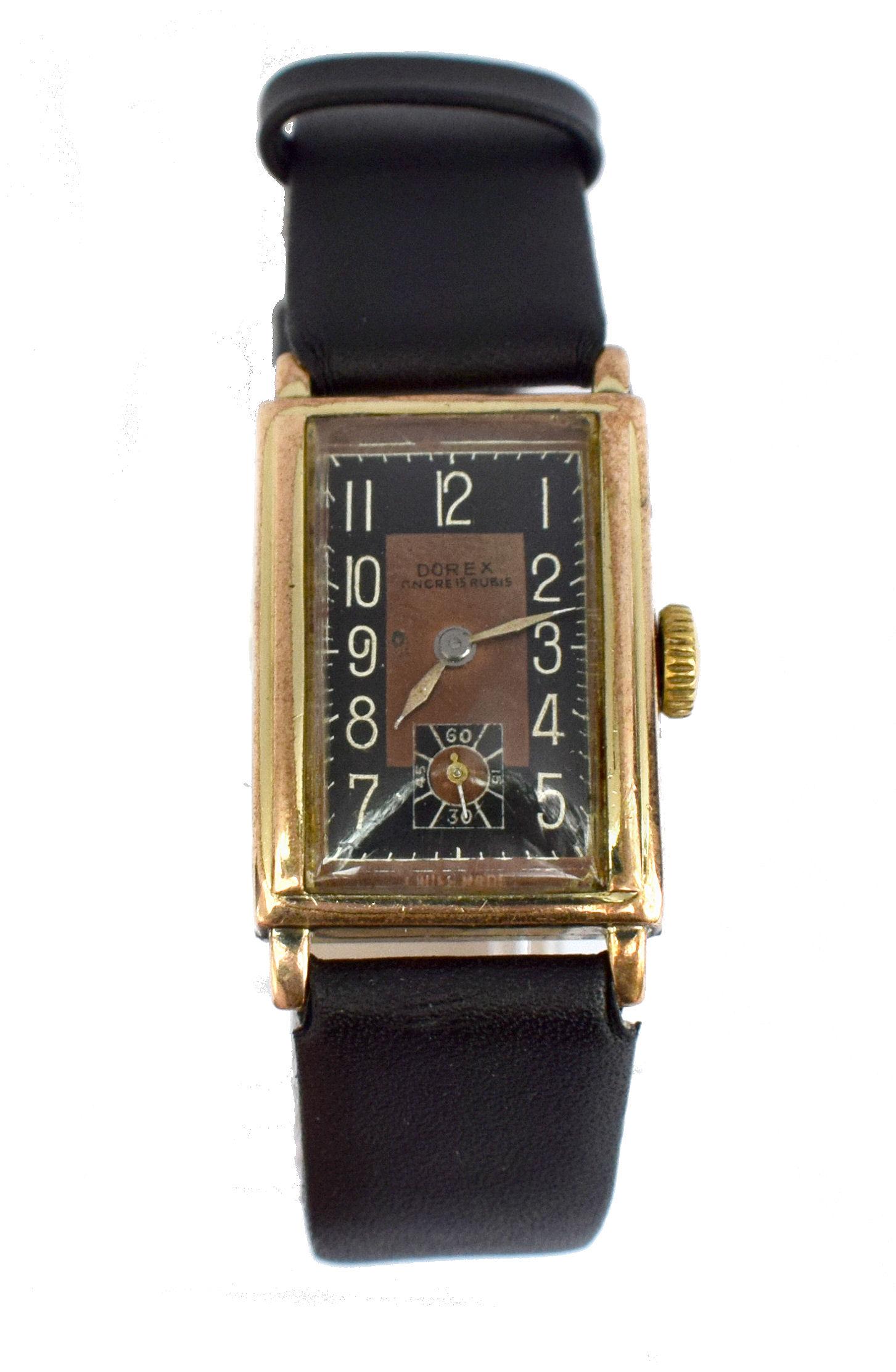 For your consideration is this exceptionally nice and attractive gents wrist watch by Dorex. Fabulous Art Deco styling and in excellent vintage condition. Original Dial showing a minimal wear, outstandingly good for approx 85 years old. The gold