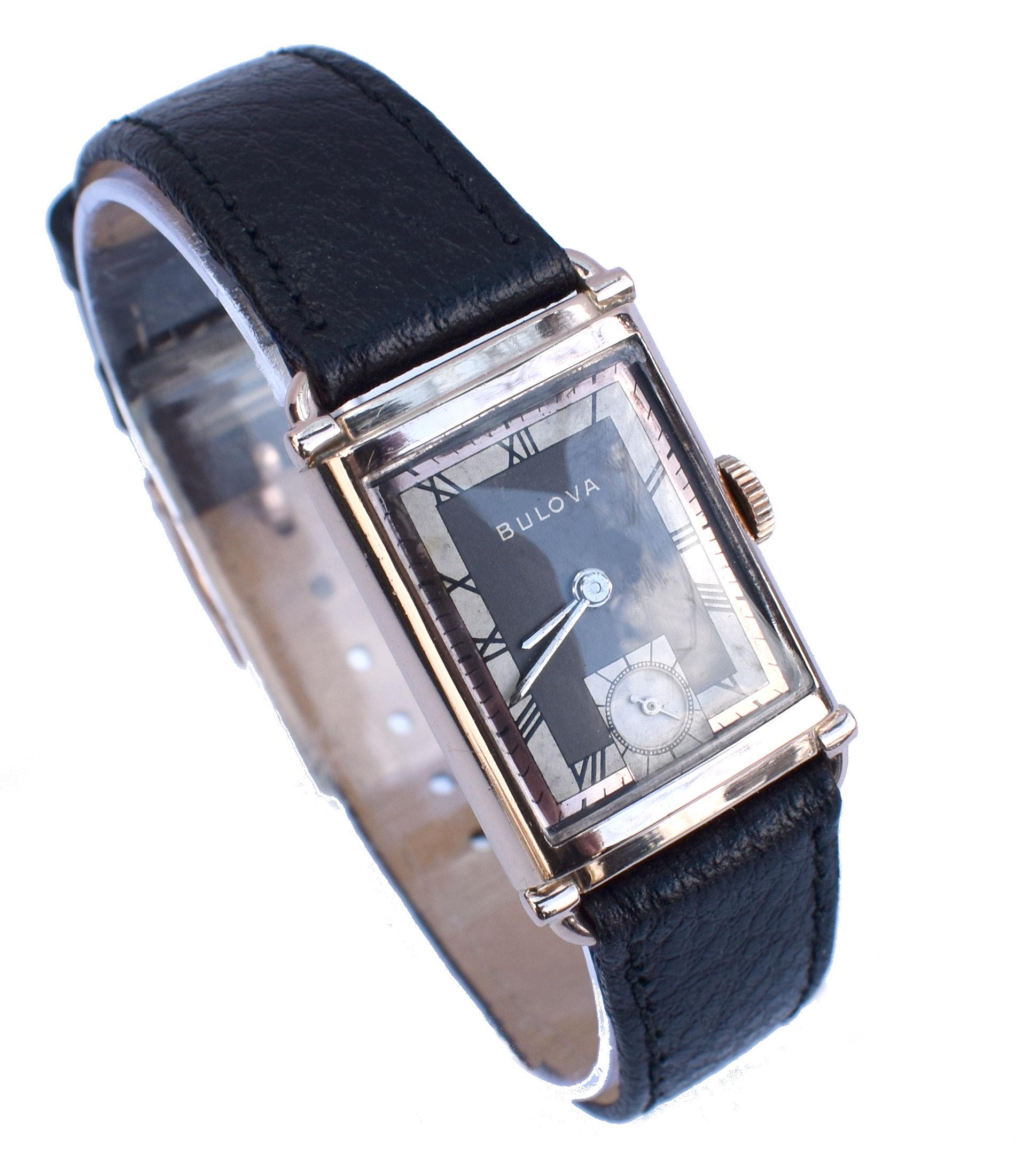 Men's Art Deco Gents President Wristwatch 14k Rose GF, 21 Jewels, by Bulova, c1942