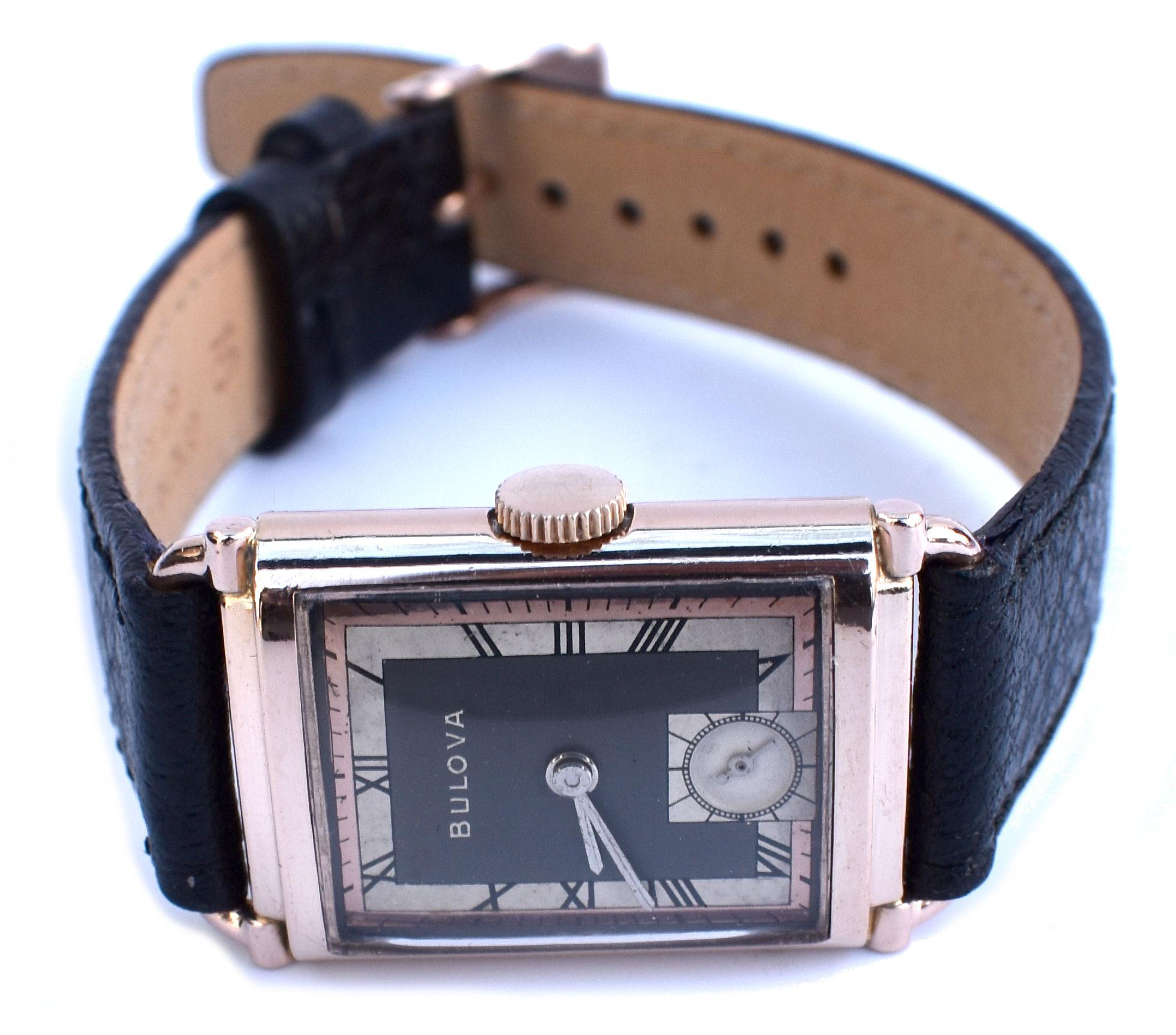 Art Deco Gents President Wristwatch 14k Rose GF, 21 Jewels, by Bulova, c1942 1