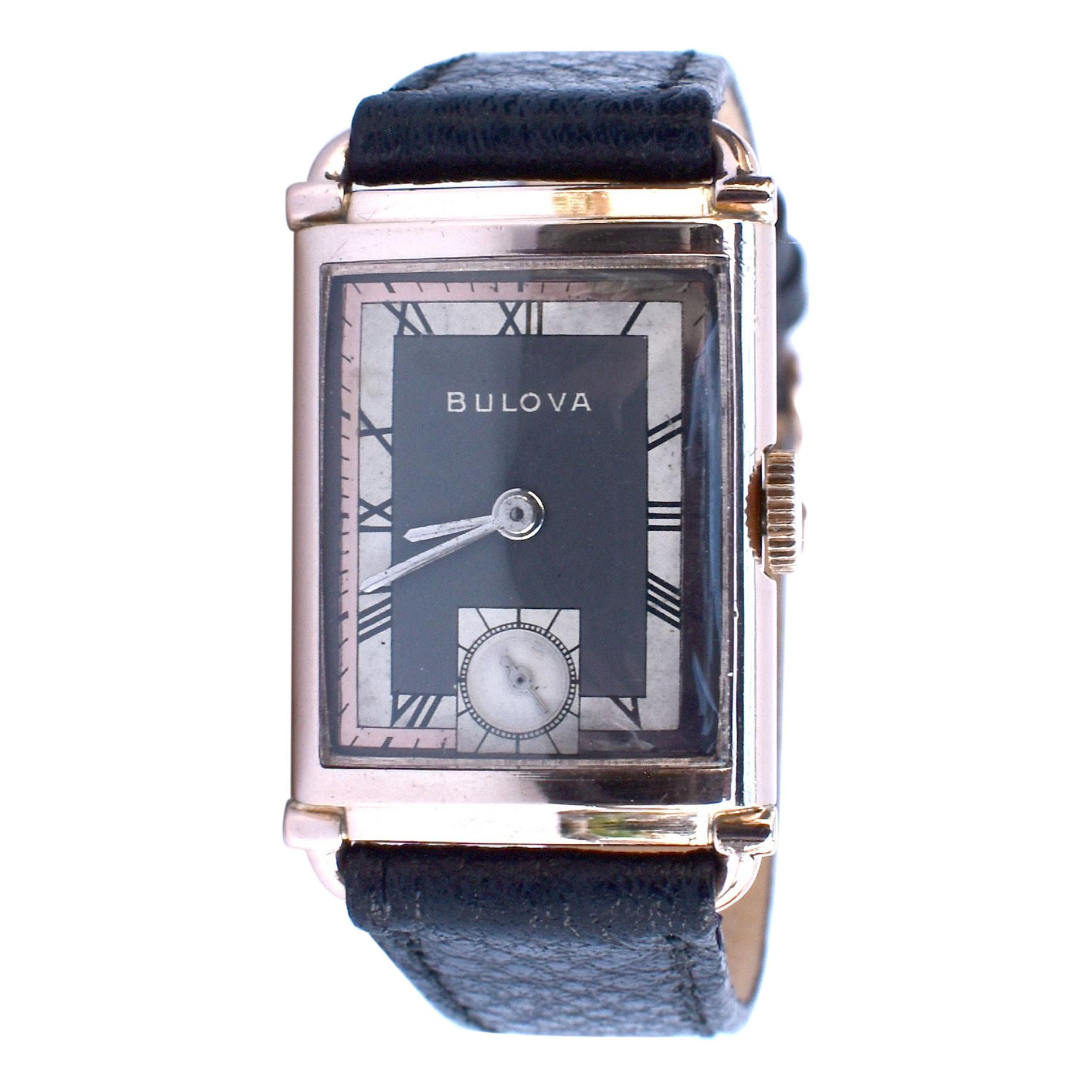 Art Deco Gents President Wristwatch 14k Rose GF, 21 Jewels, by Bulova, c1942