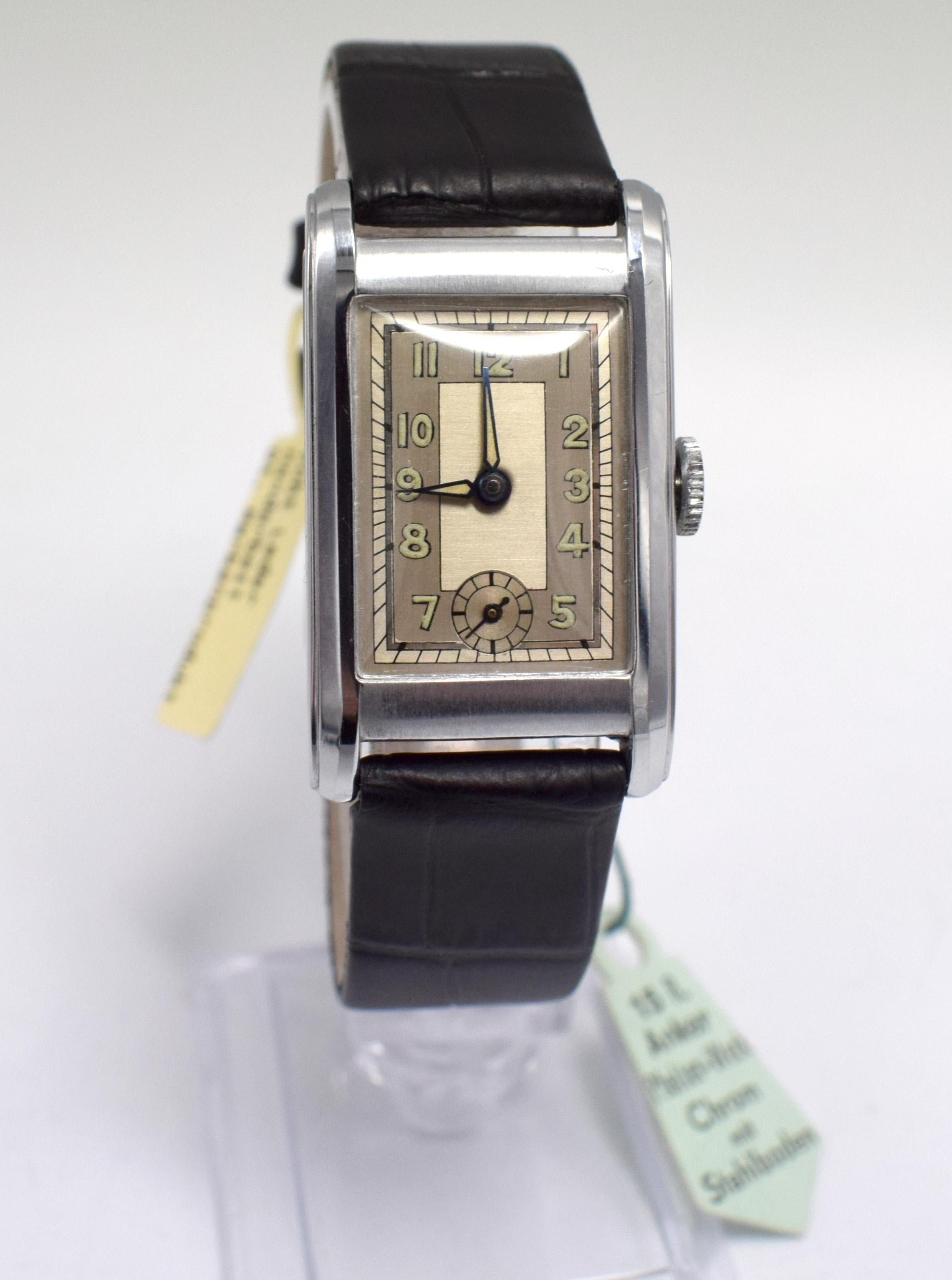 Art Deco Gents Streamline Chrome Wristwatch, Never Used, Newly Serviced, c 1930 7