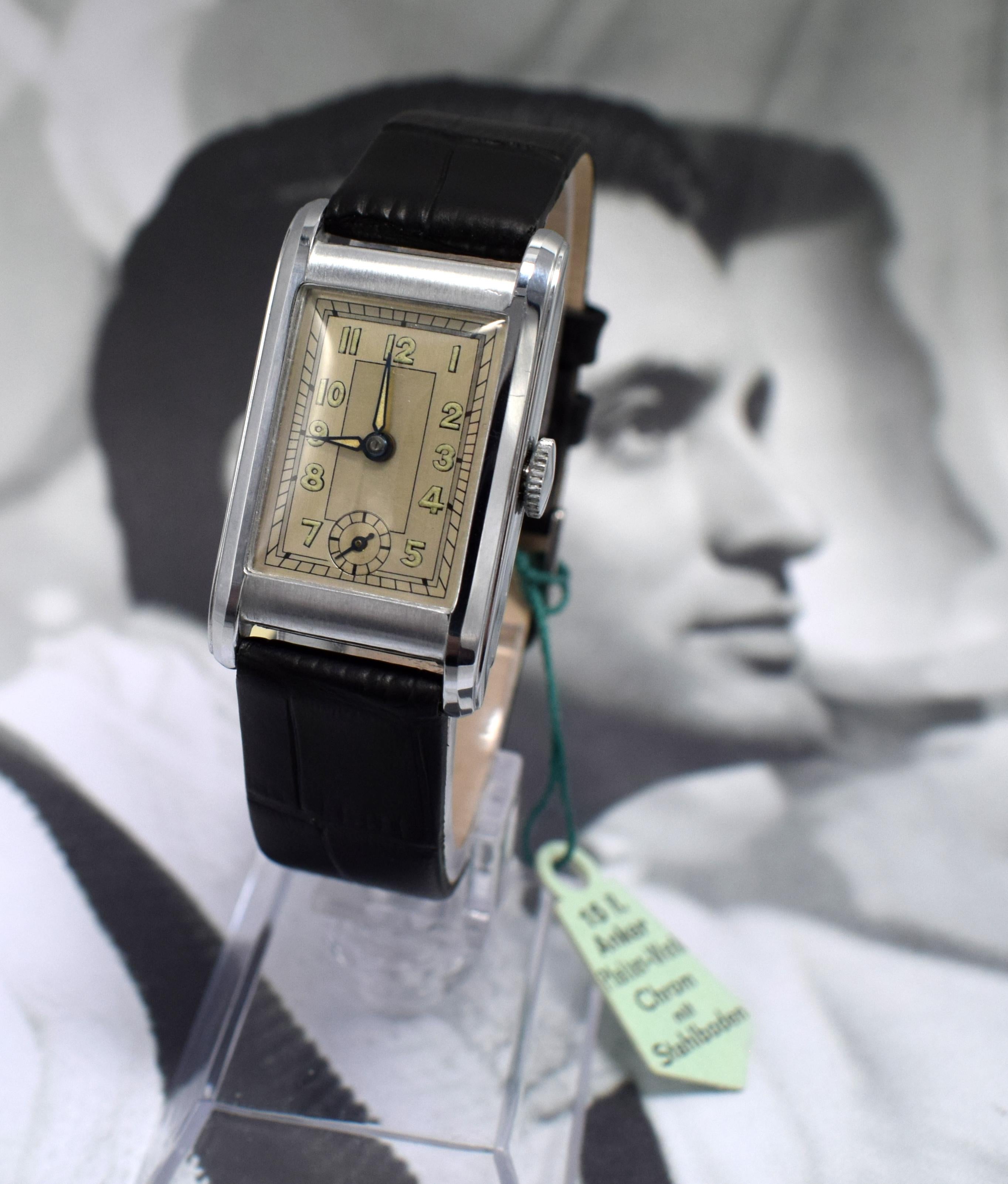 Art Deco Gents Streamline Chrome Wristwatch, Never Used, Newly Serviced, c 1930 In Excellent Condition In Westward ho, GB