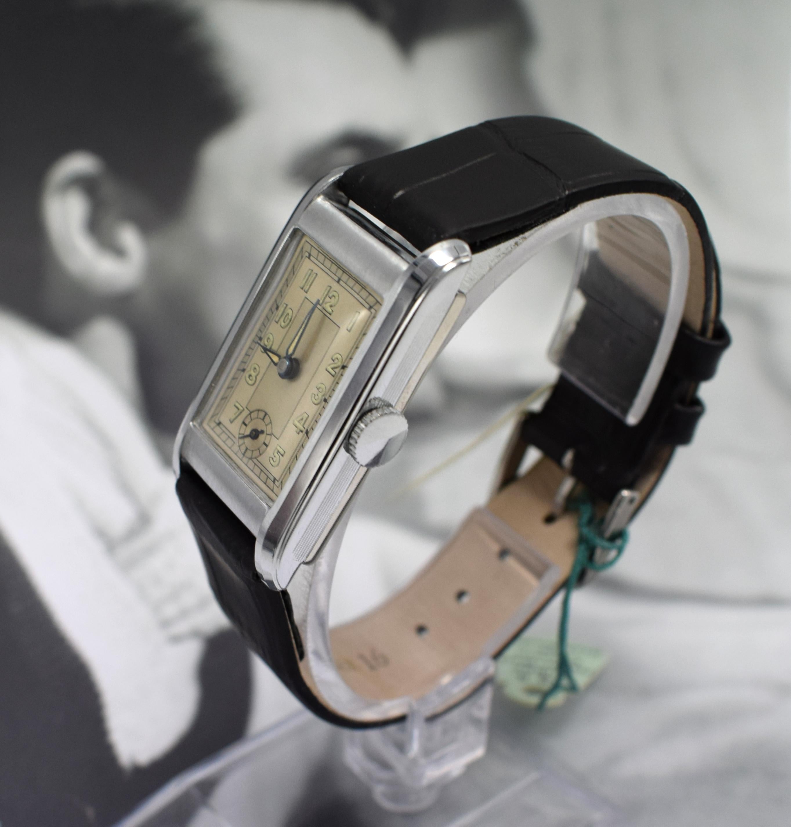 Men's Art Deco Gents Streamline Chrome Wristwatch, Never Used, Newly Serviced, c 1930