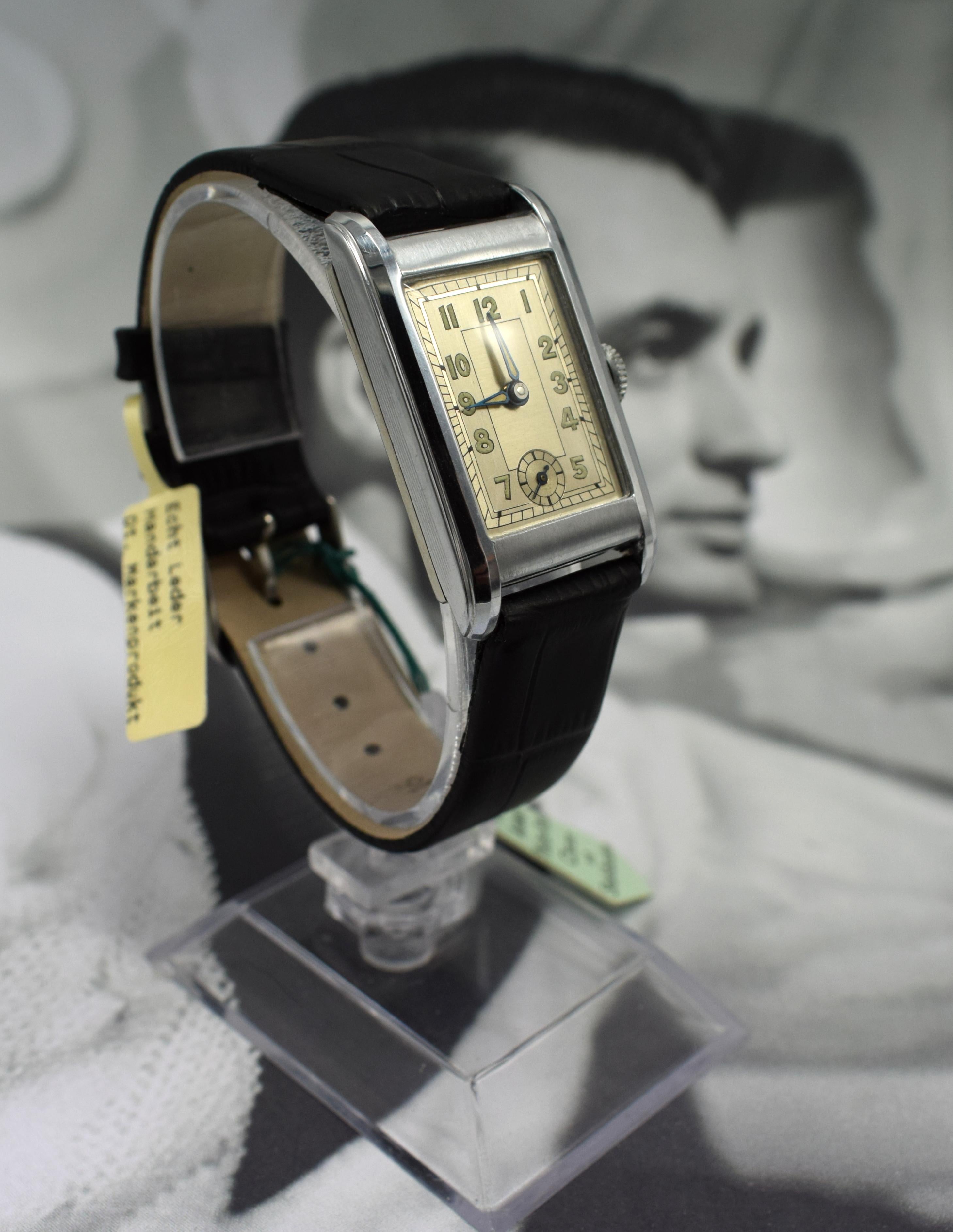 Art Deco Gents Streamline Chrome Wristwatch, Never Used, Newly Serviced, c 1930 1