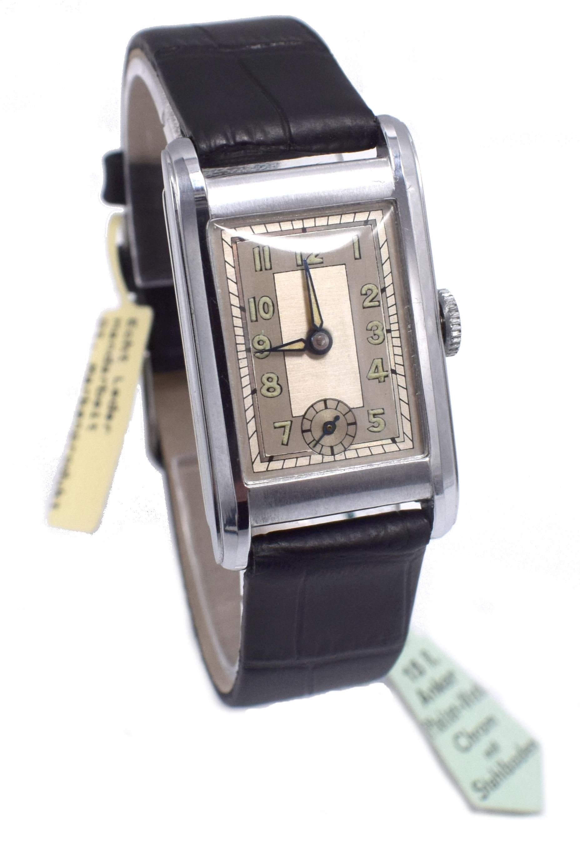 Art Deco Gents Streamline Chrome Wristwatch, Never Used, Newly Serviced, c 1930 3