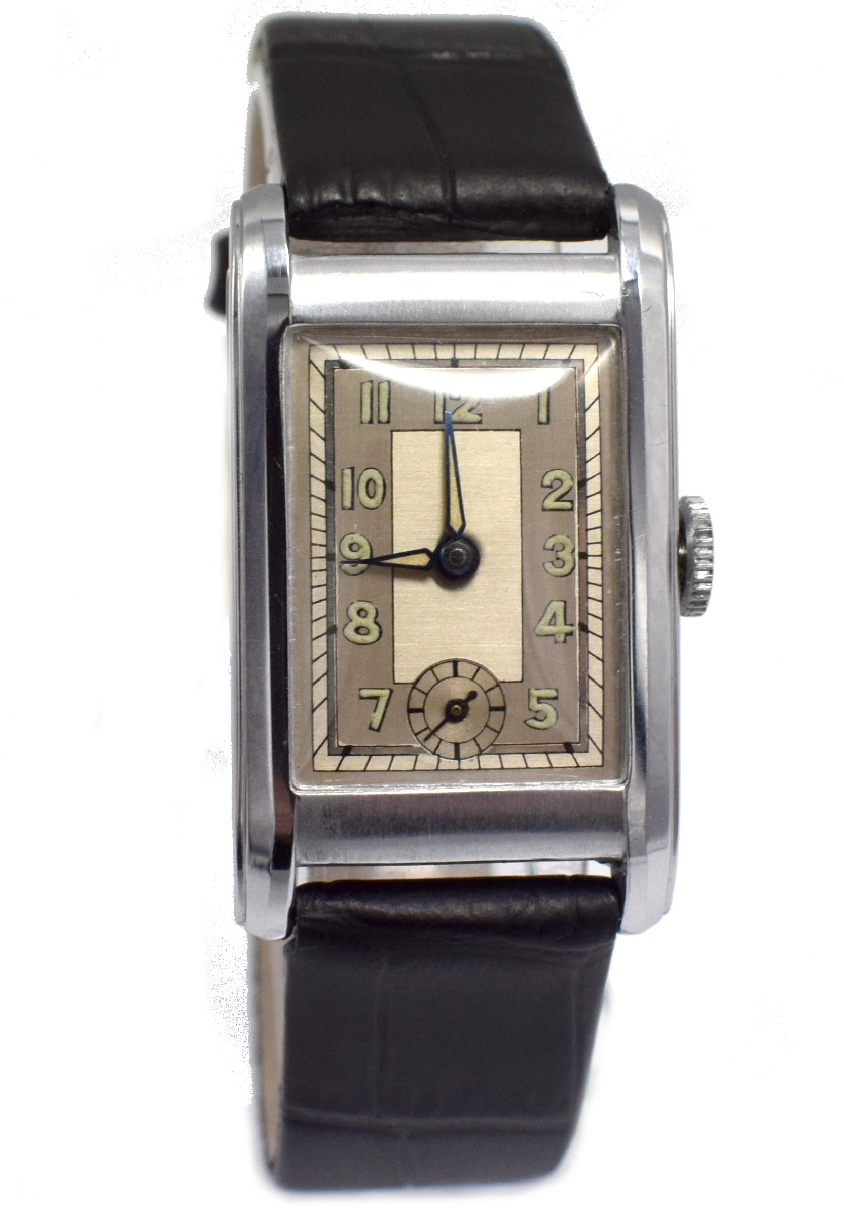 Art Deco Gents Streamline Chrome Wristwatch, Never Used, Newly Serviced, c 1930 4