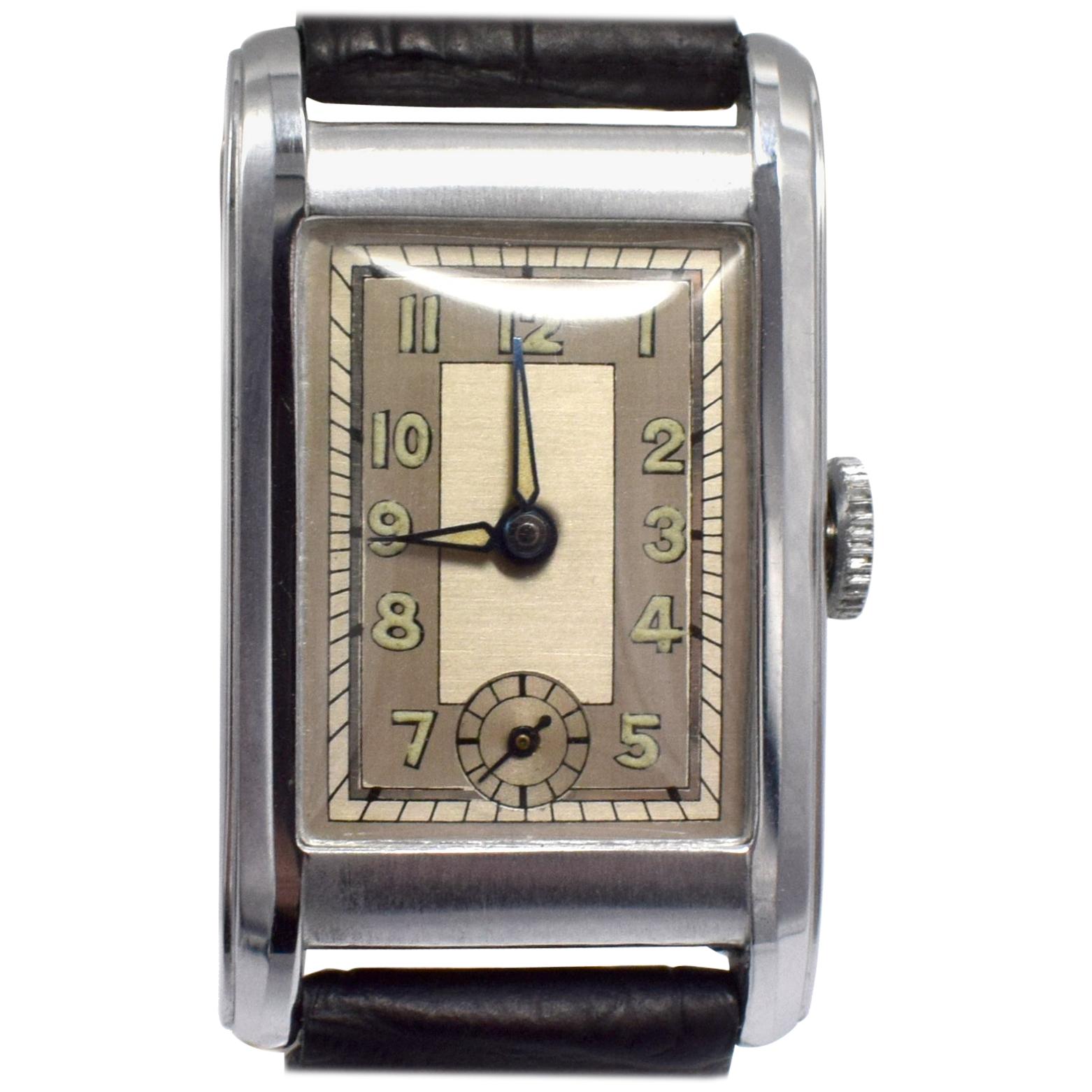 Art Deco Gents Streamline Chrome Wristwatch, Never Used, Newly Serviced, c 1930