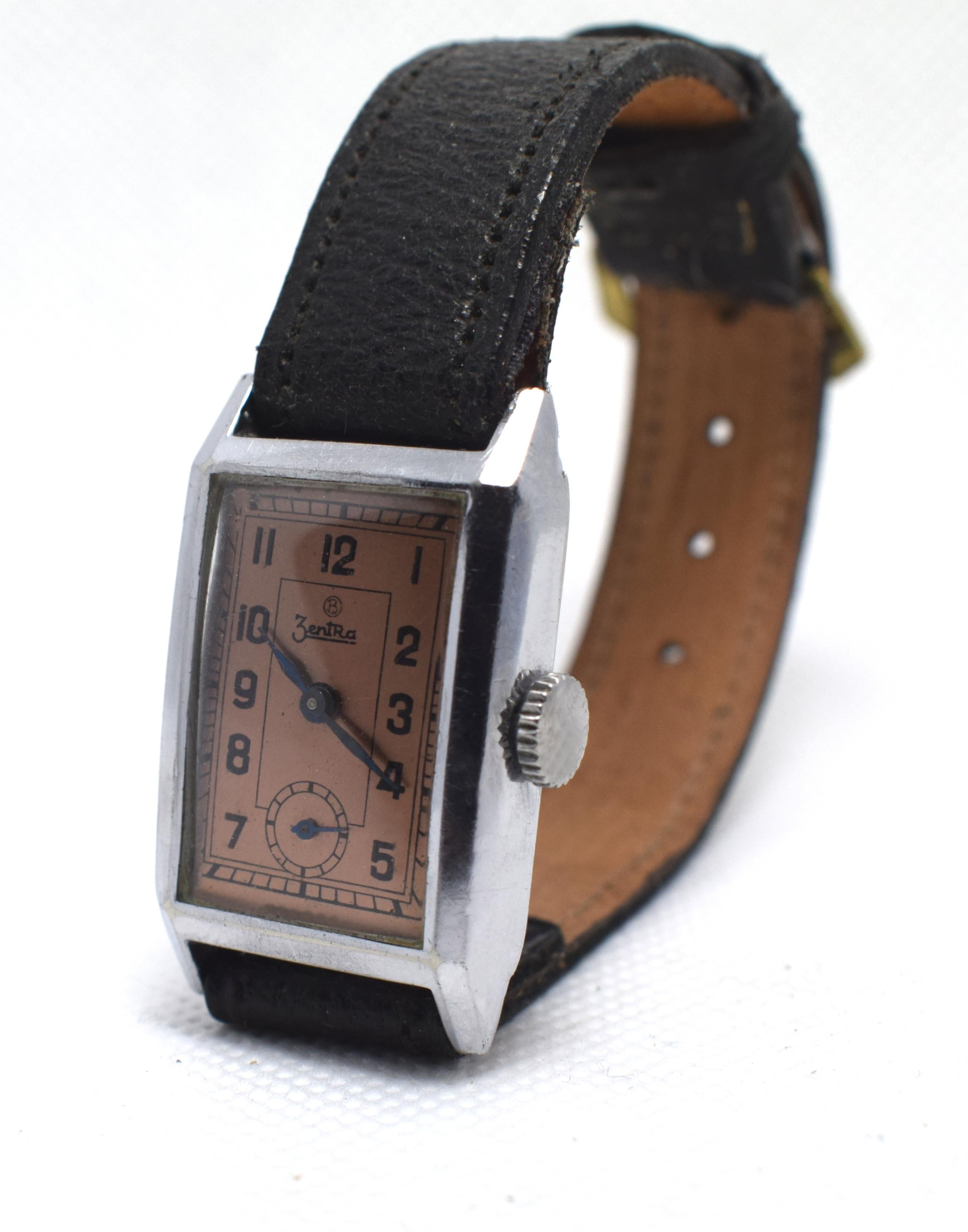 Art Deco Gents Tank Style Wrist Watch, 1930s, Zentra In Good Condition In Westward ho, GB
