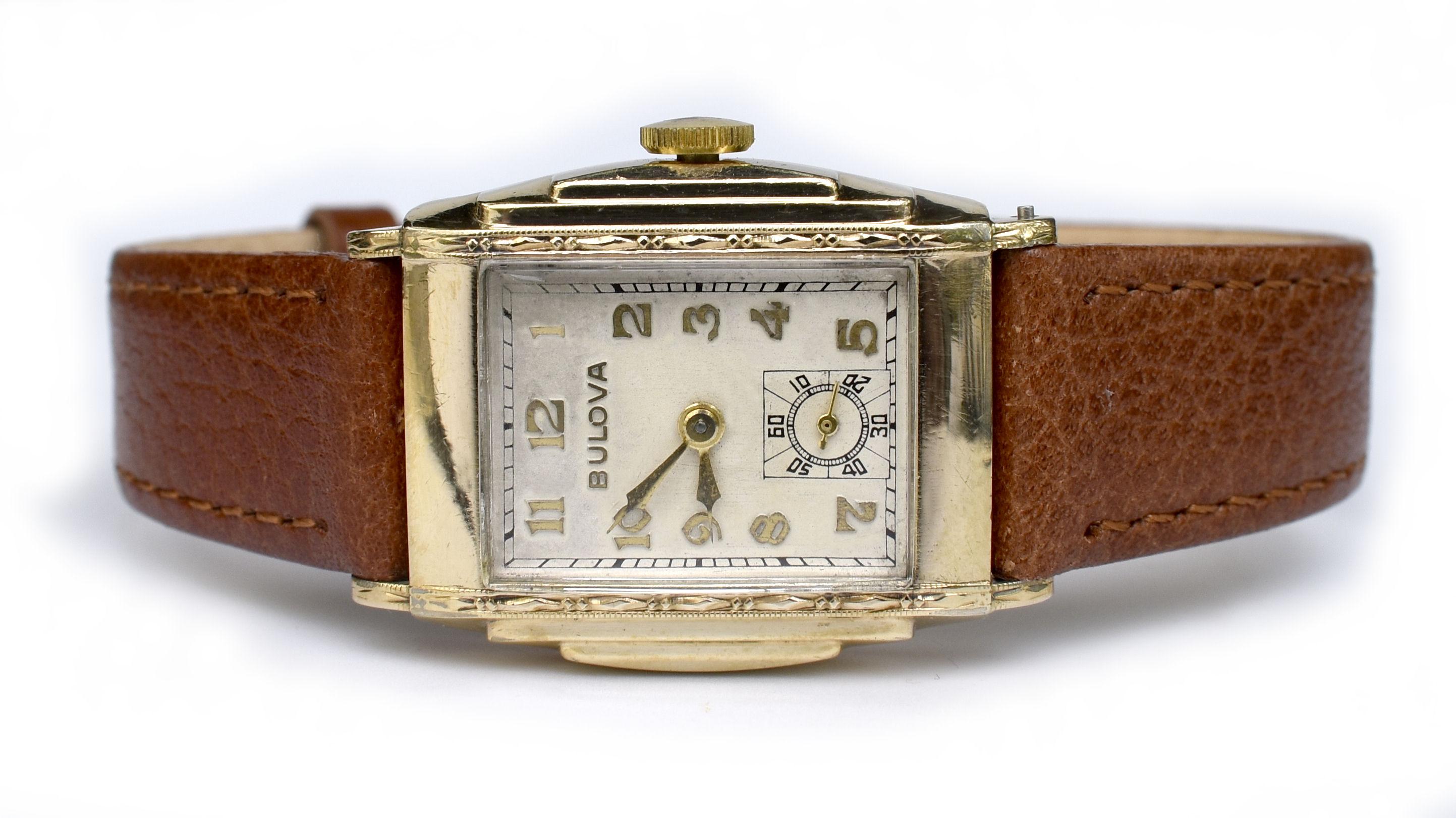 Art Deco Gents Watch, 10k Gold, By Bulova, Serviced, c1936 In Good Condition In Westward ho, GB