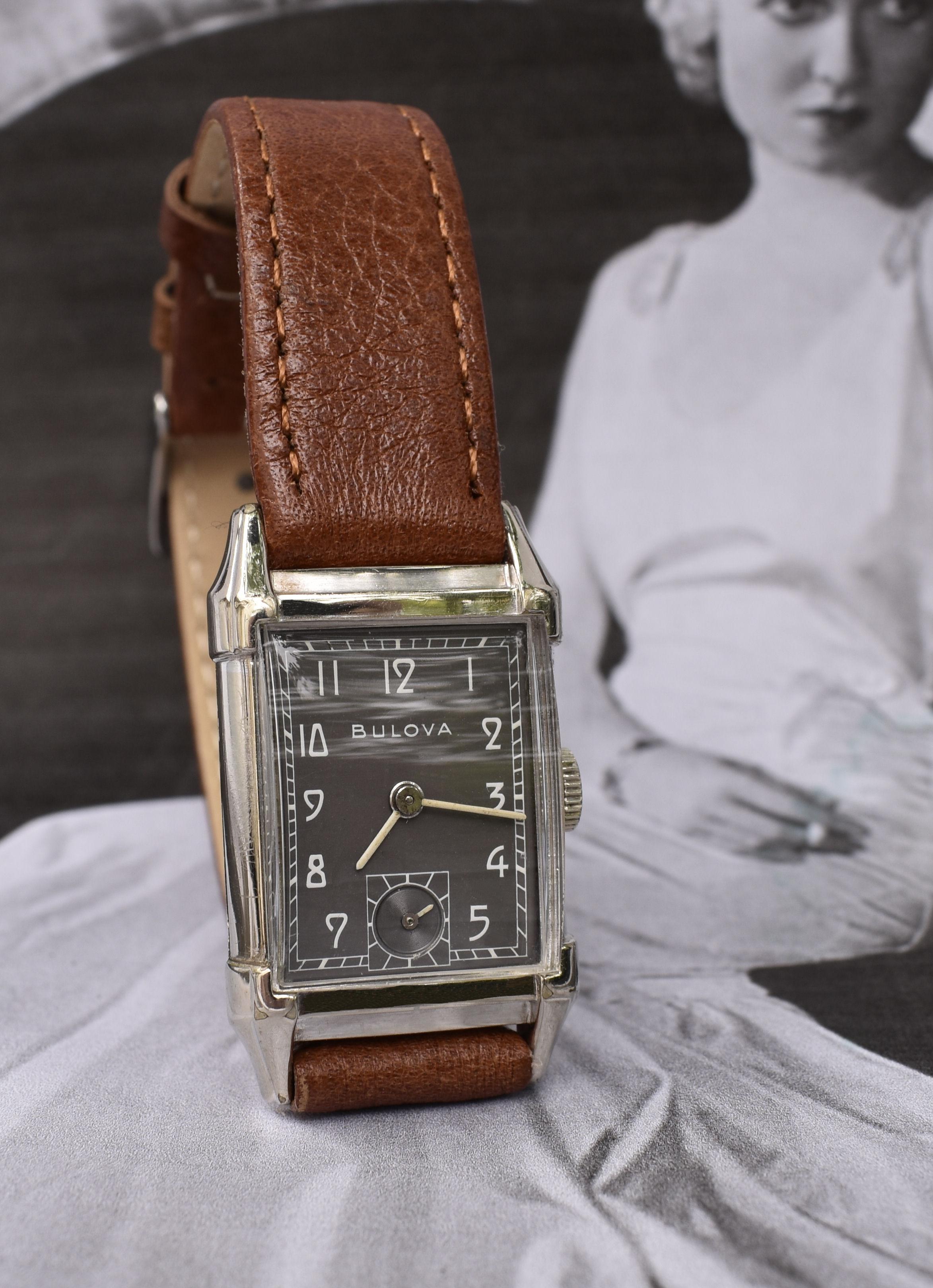 Art Deco Gents White Gold Filled Wrist Watch, Bulova, Fully Serviced, c1948 4