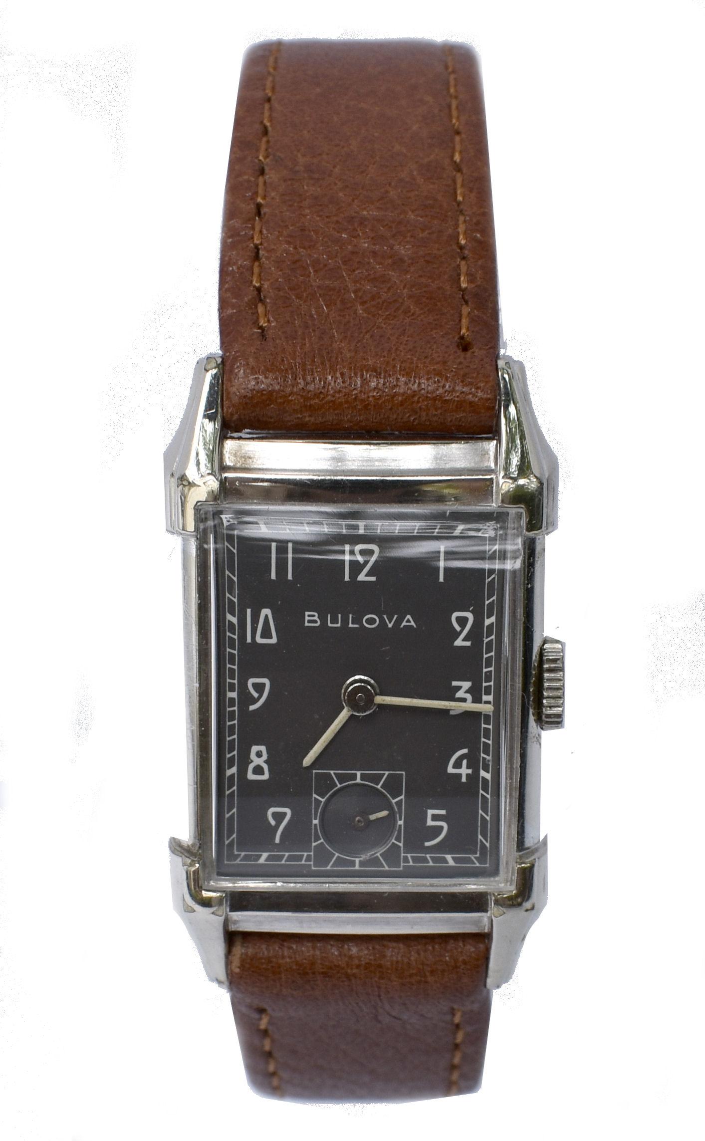 Art Deco Gents White Gold Filled Wrist Watch, Bulova, Fully Serviced, c1948 In Good Condition In Westward ho, GB