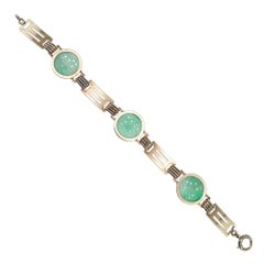 Art Deco Genuine Jadeite Jade Green Gold Carved Link Bracelet