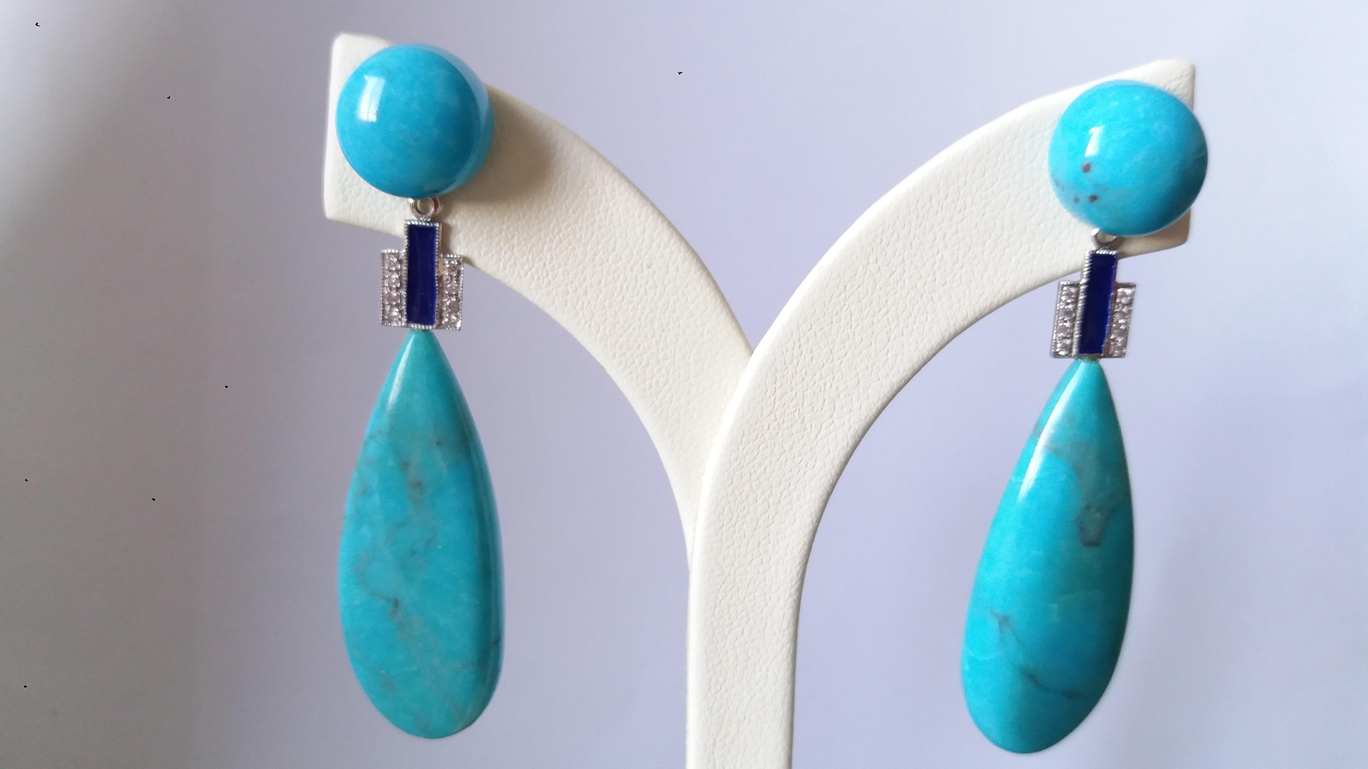 Mixed Cut Art Deco Style Genuine Turquoise Gold Diamonds Blue Enamel Drop Earrings For Sale