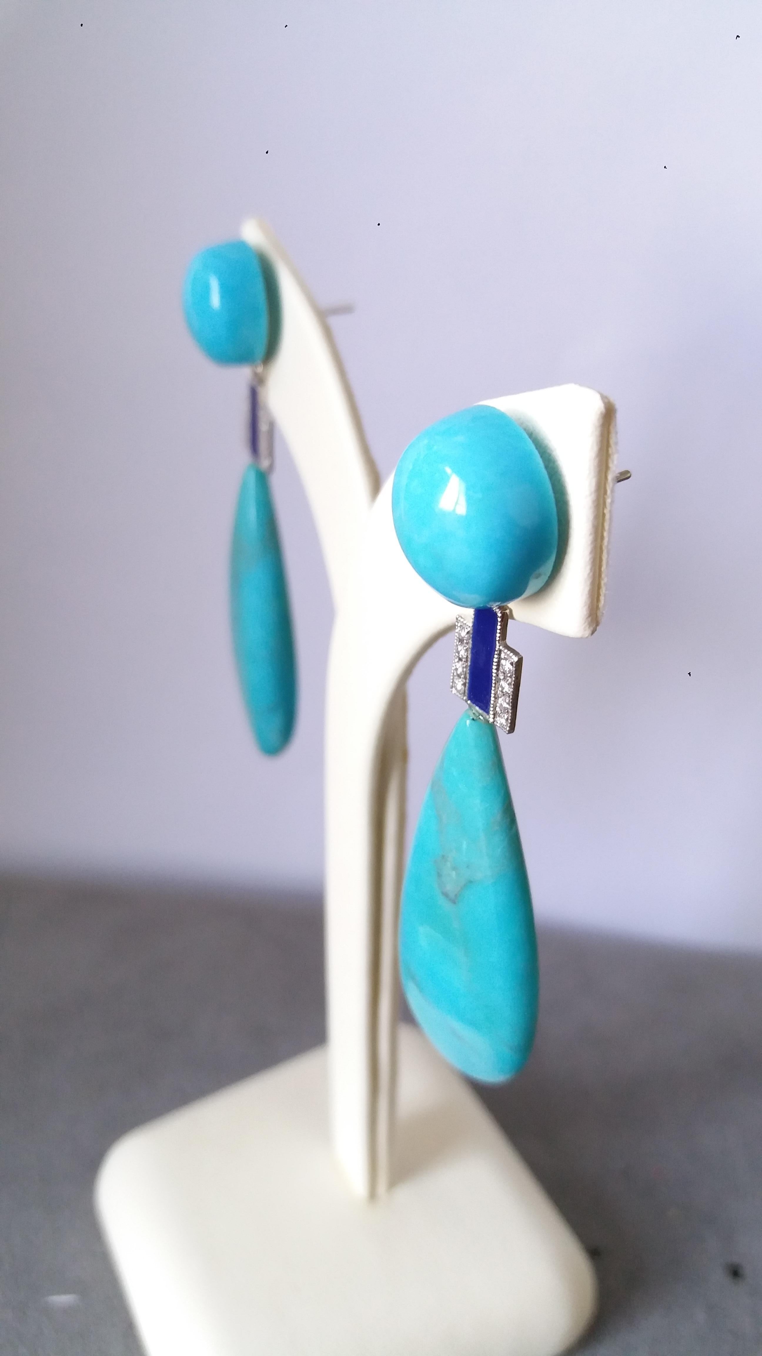 Art Deco Style Genuine Turquoise Gold Diamonds Blue Enamel Drop Earrings In Good Condition For Sale In Bangkok, TH