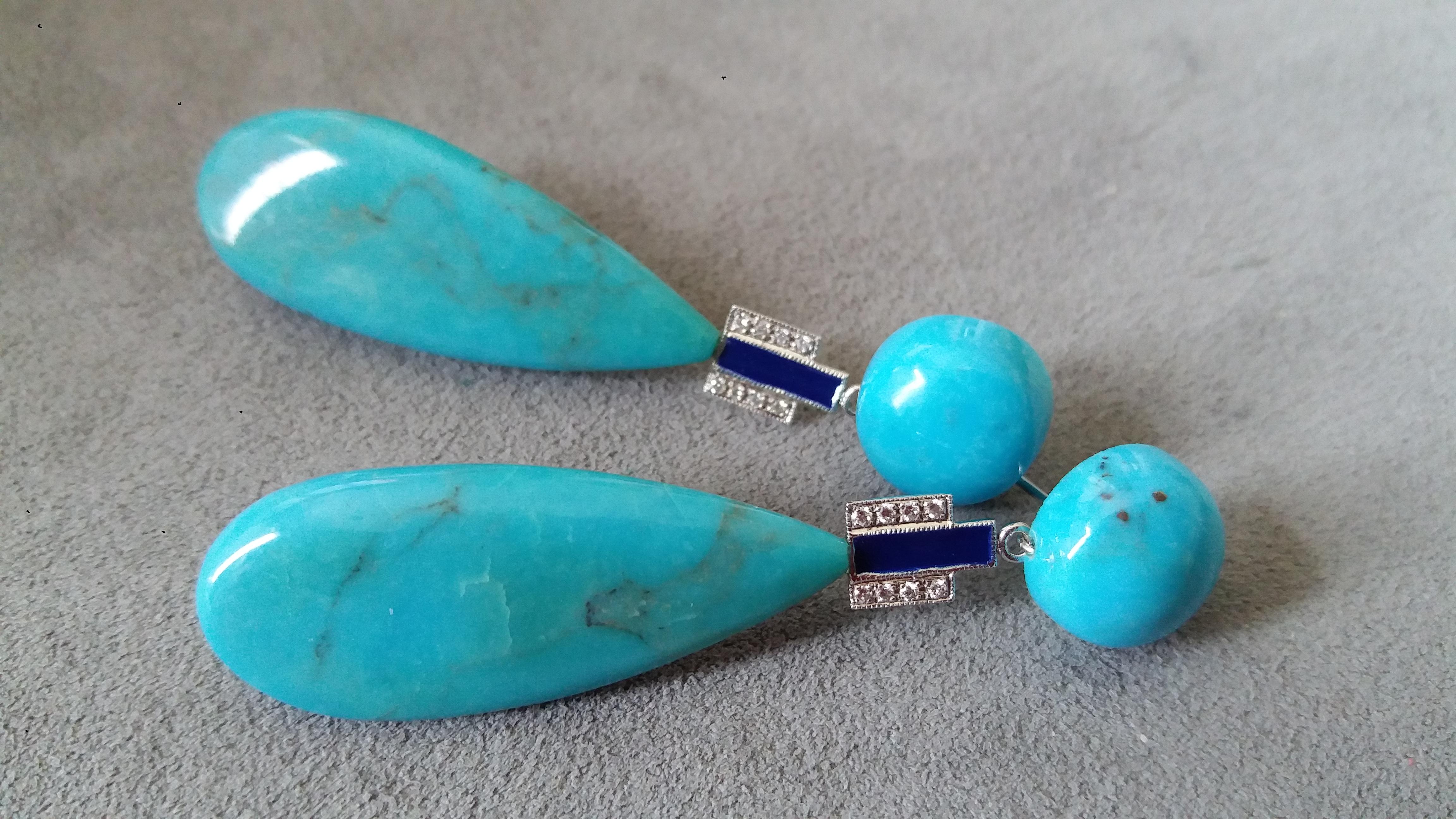 Pendants d'oreilles art déco en turquoise véritable, or et diamants, émail bleu Pour femmes en vente