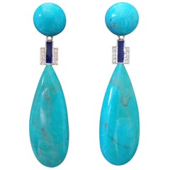 Vintage Art Deco Style Genuine Turquoise Gold Diamonds Blue Enamel Drop Earrings