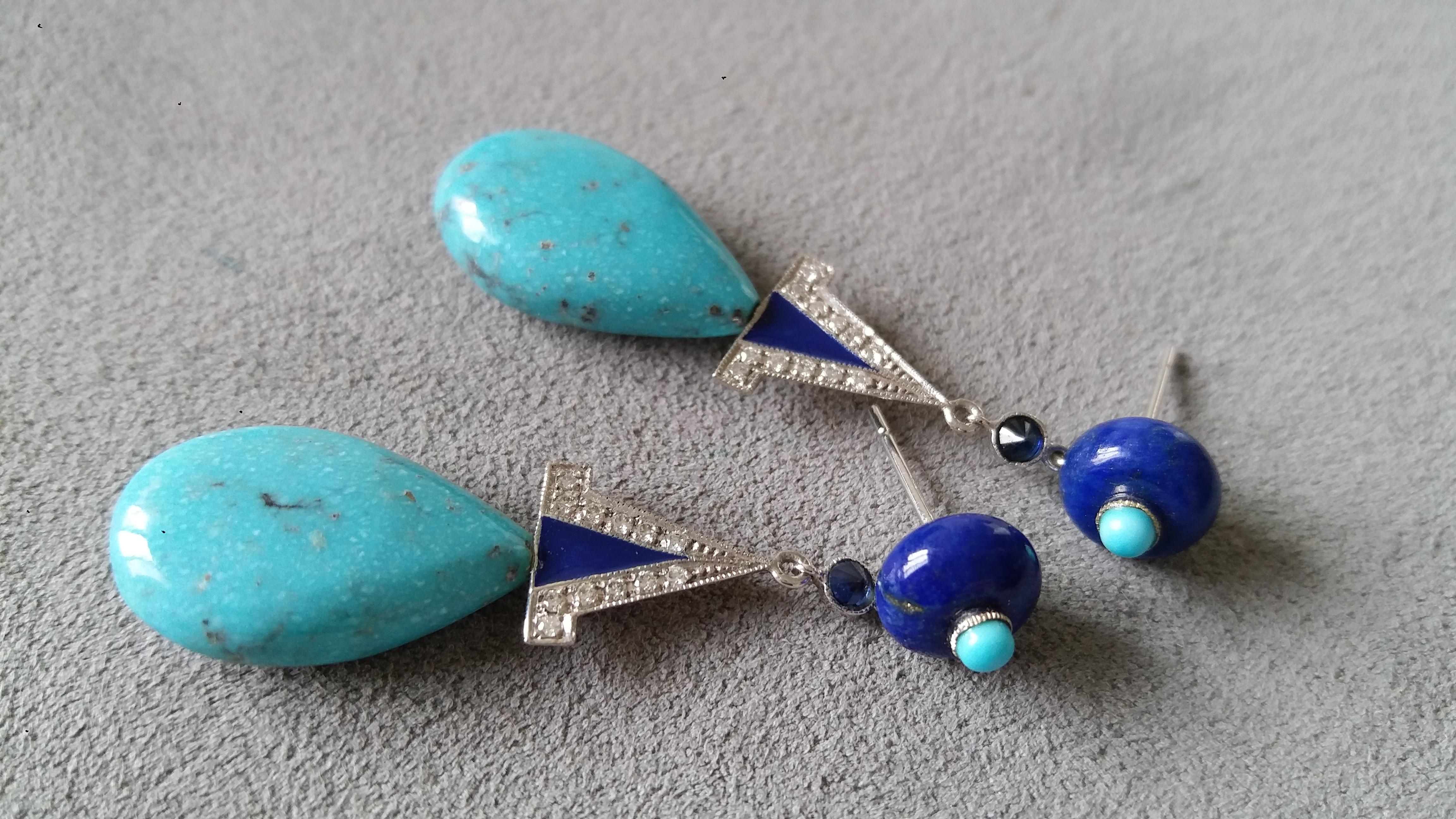 Women's Art Deco Style Genuine Turquoise Lapis Lazuli Gold Diamonds Enamel Drop Earrings For Sale