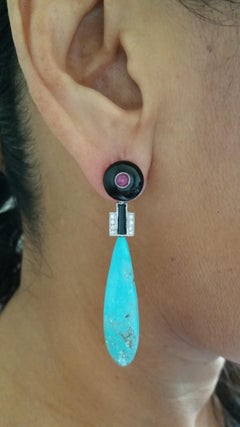 Pendientes de gotas de esmalte negro Onix estilo Art Déco con turquesa genuina y rubí diamante