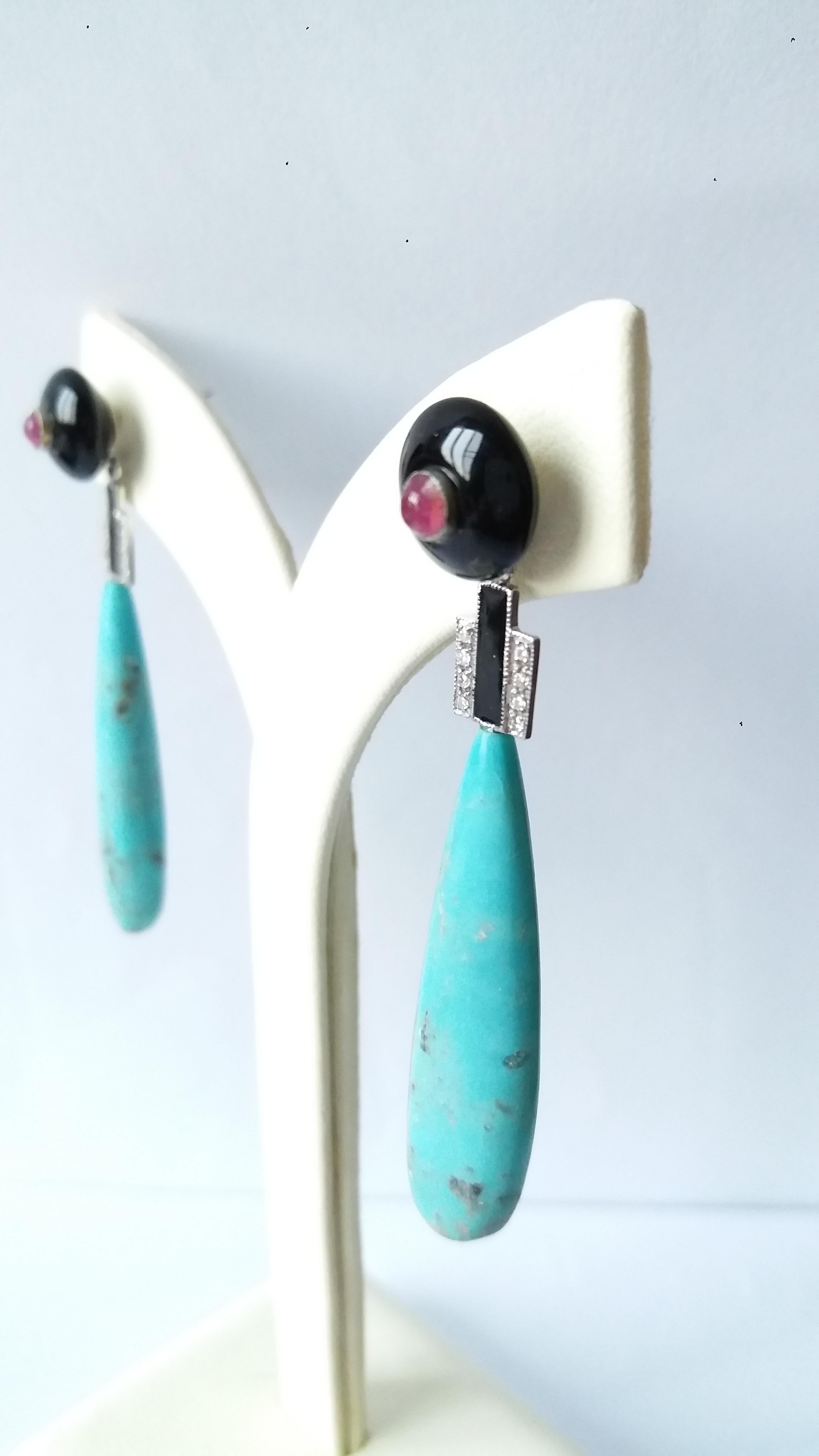 Art Deco Style Genuine Turquoise Ruby Diamonds Black Onix Enamel Drops Earrings In Good Condition For Sale In Bangkok, TH