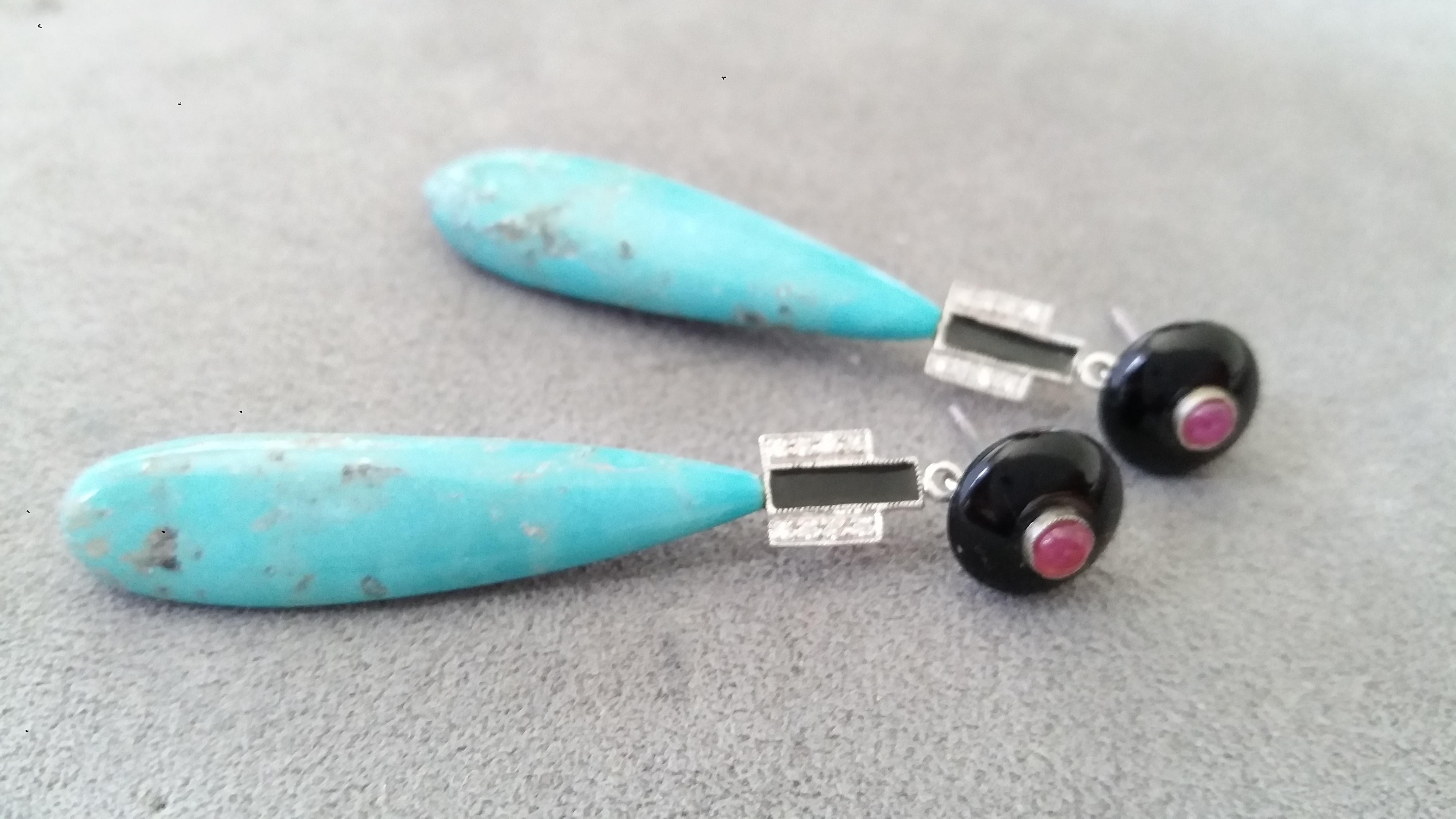 Orecchini con gocce di smalto nero Onix in stile Art Deco con rubino turchese autentico e diamanti In condizioni buone in vendita a Bangkok, TH