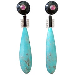 Pendientes de gotas de esmalte negro Onix estilo Art Déco con turquesa genuina y rubí diamante