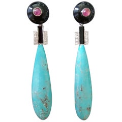 Boucles d'oreilles en gouttes de style Art déco en émail noir, turquoises, rubis et diamants véritables avec onix