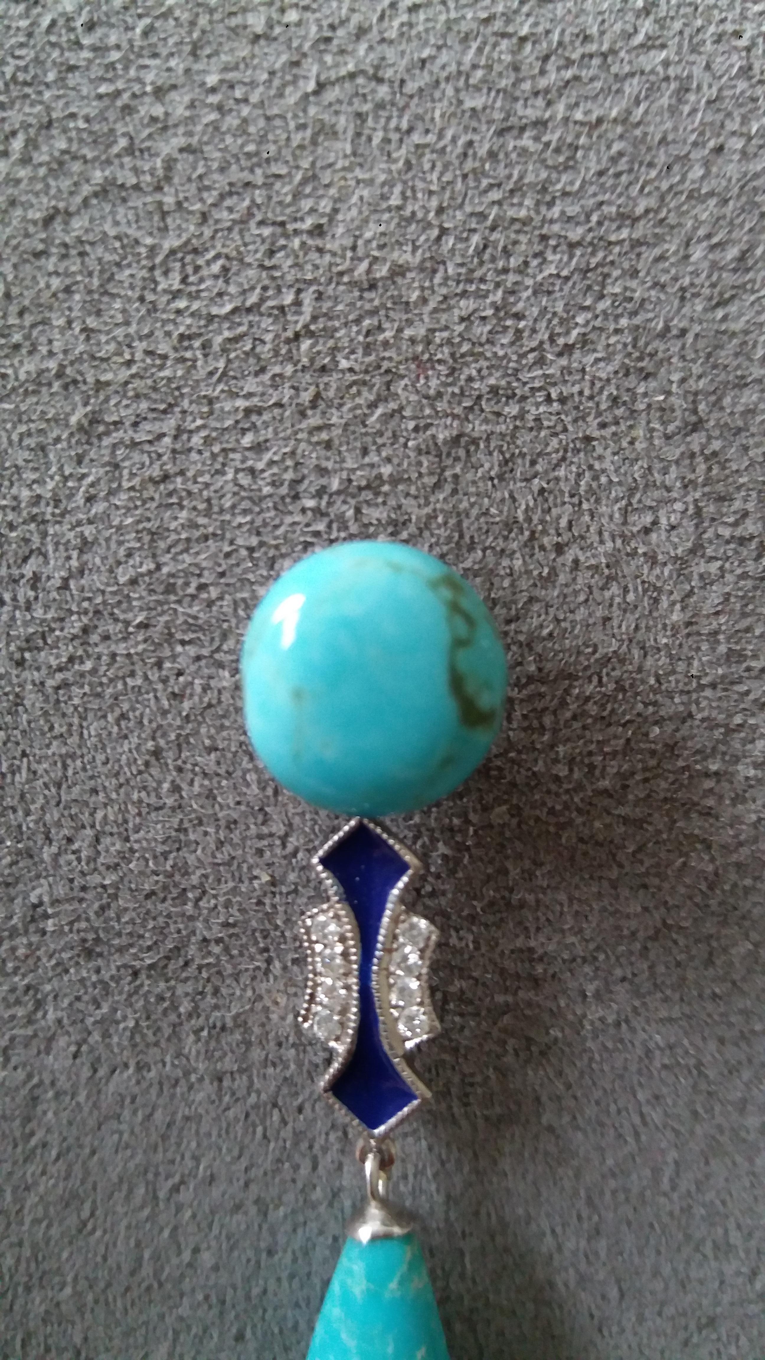 Pendientes Gota Esmalte Azul Oro Blanco Diamantes Turquesa Genuina Estilo Art Decó Corte mixto en venta