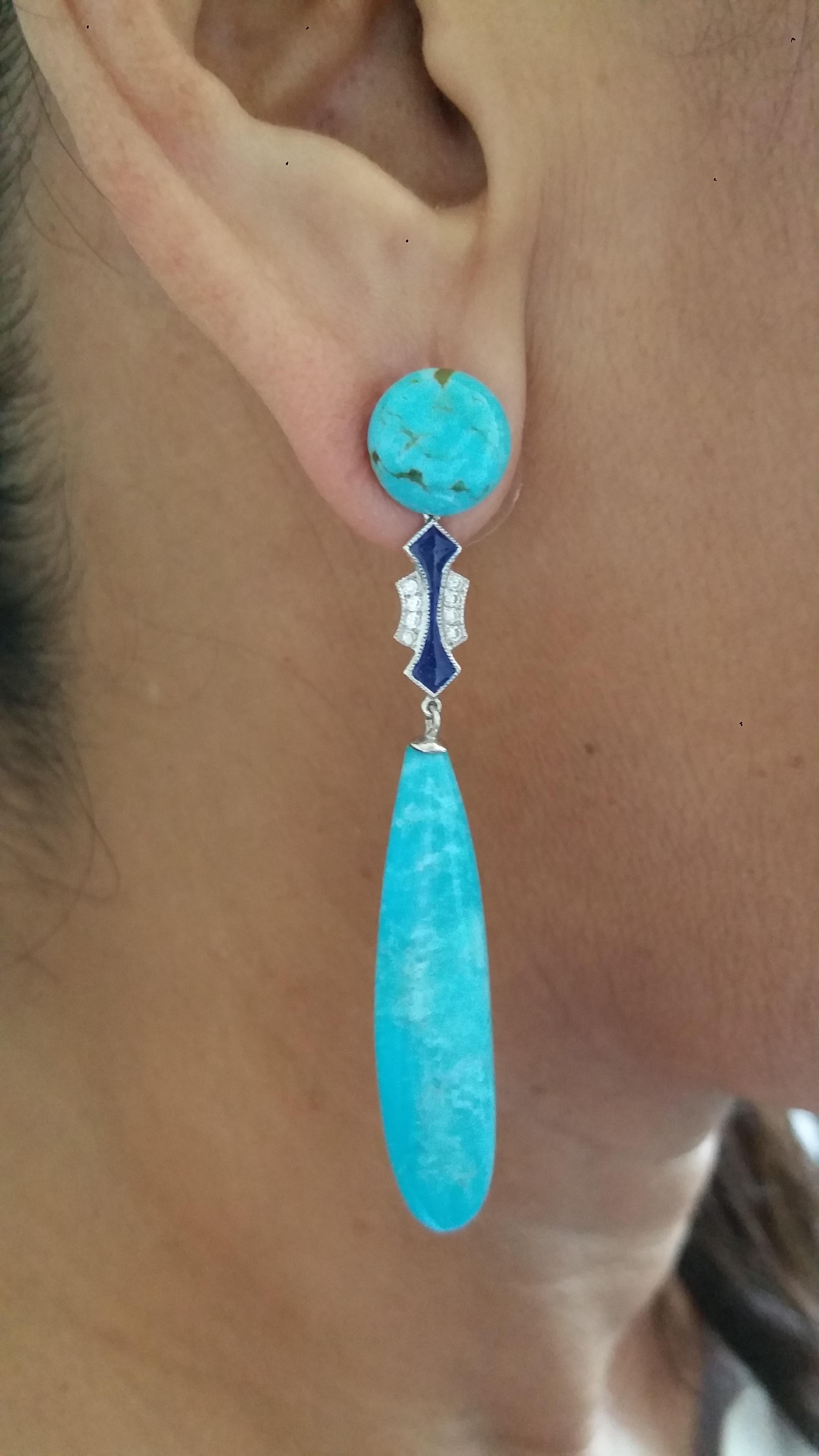 Pendientes Gota Esmalte Azul Oro Blanco Diamantes Turquesa Genuina Estilo Art Decó en Excelente estado para la venta en Bangkok, TH