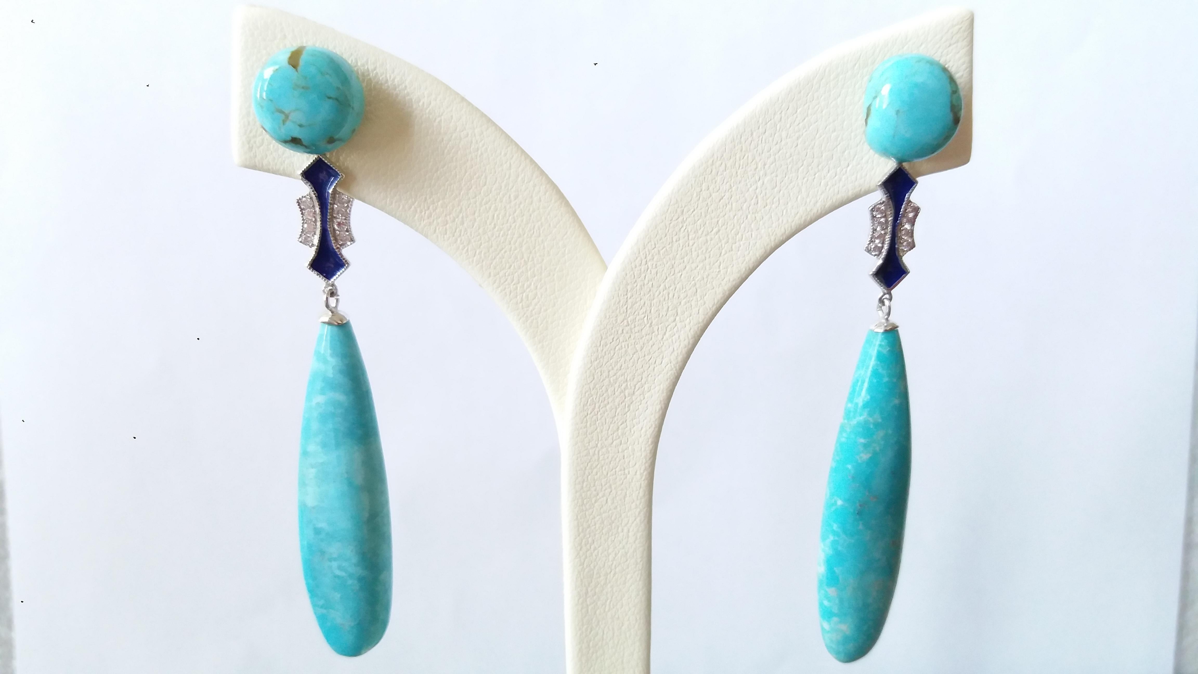 Pendants d'oreilles de style Art déco en or blanc, diamants et émail bleu avec turquoise véritable Pour femmes en vente