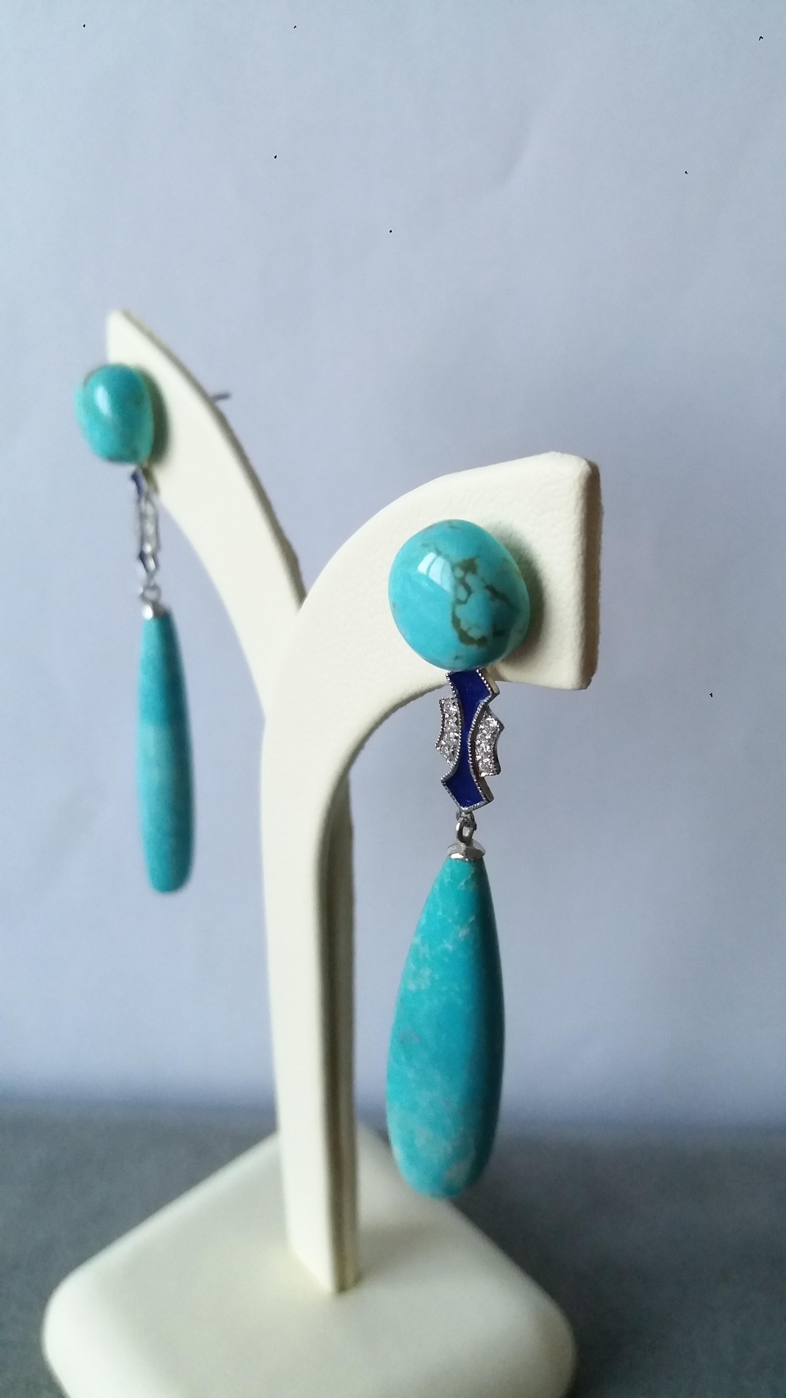 Pendants d'oreilles de style Art déco en or blanc, diamants et émail bleu avec turquoise véritable en vente 1