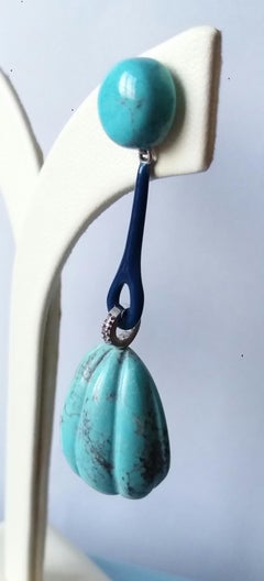 Orecchini a goccia in stile Art Deco in vero turchese, oro bianco, diamanti e smalto blu