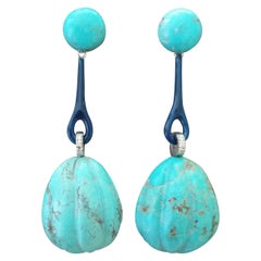 Boucles d'oreilles en goutte de style Art déco en or blanc, turquoises véritables et diamants, émail bleu