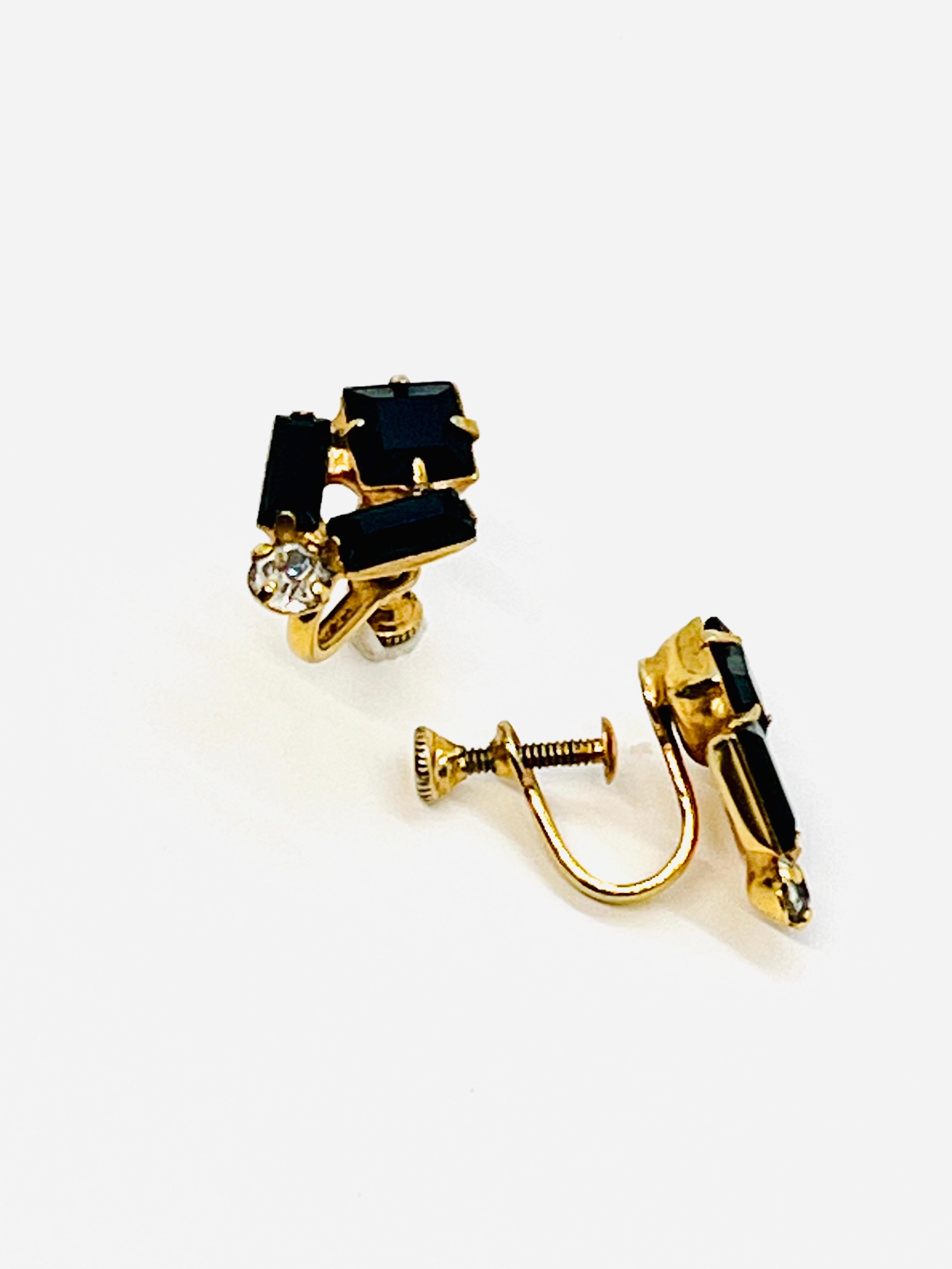 Art Deco Geometric Black Baguette Screwback Earrings For Sale 2
