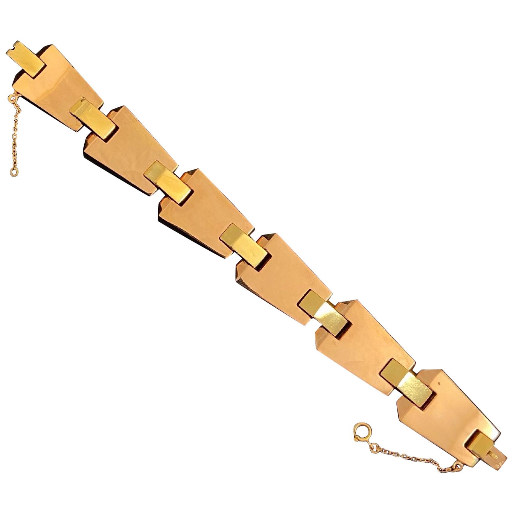 Bracelet géométrique Art déco en or bicolore jaune et rose 19,2 carats, provenance des années 1930